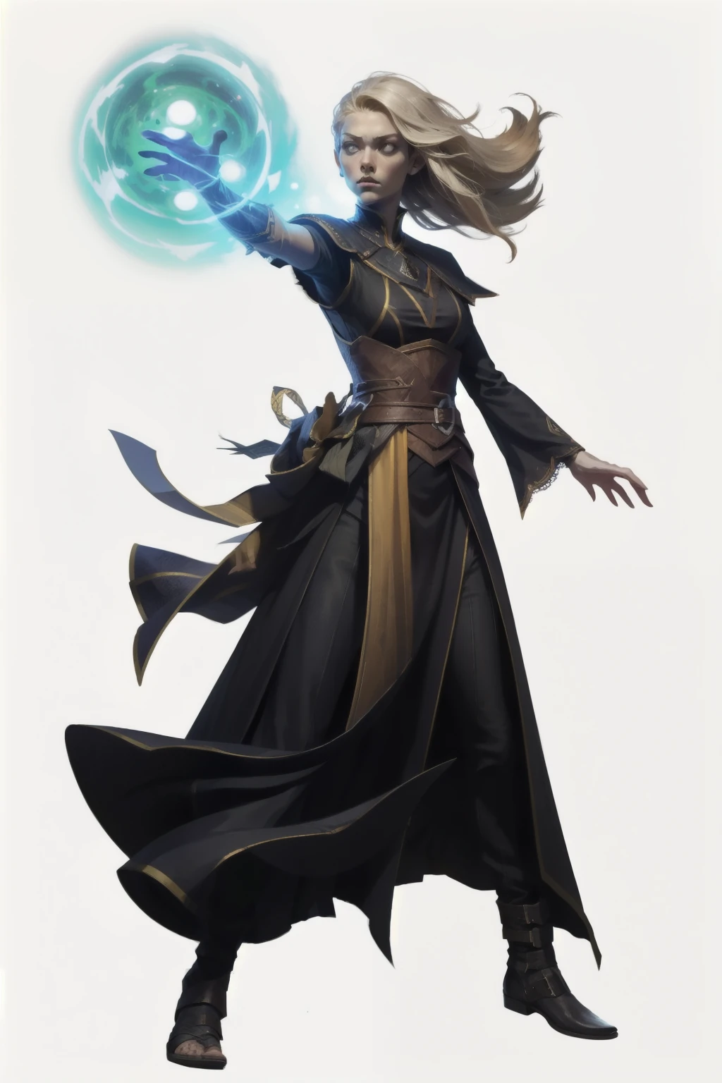 rpg character, I want a character with a white background, png, a mage with wind wrapped around her arm, blonder woman, levitating, black clothes with yellow, slender, linda postura slender