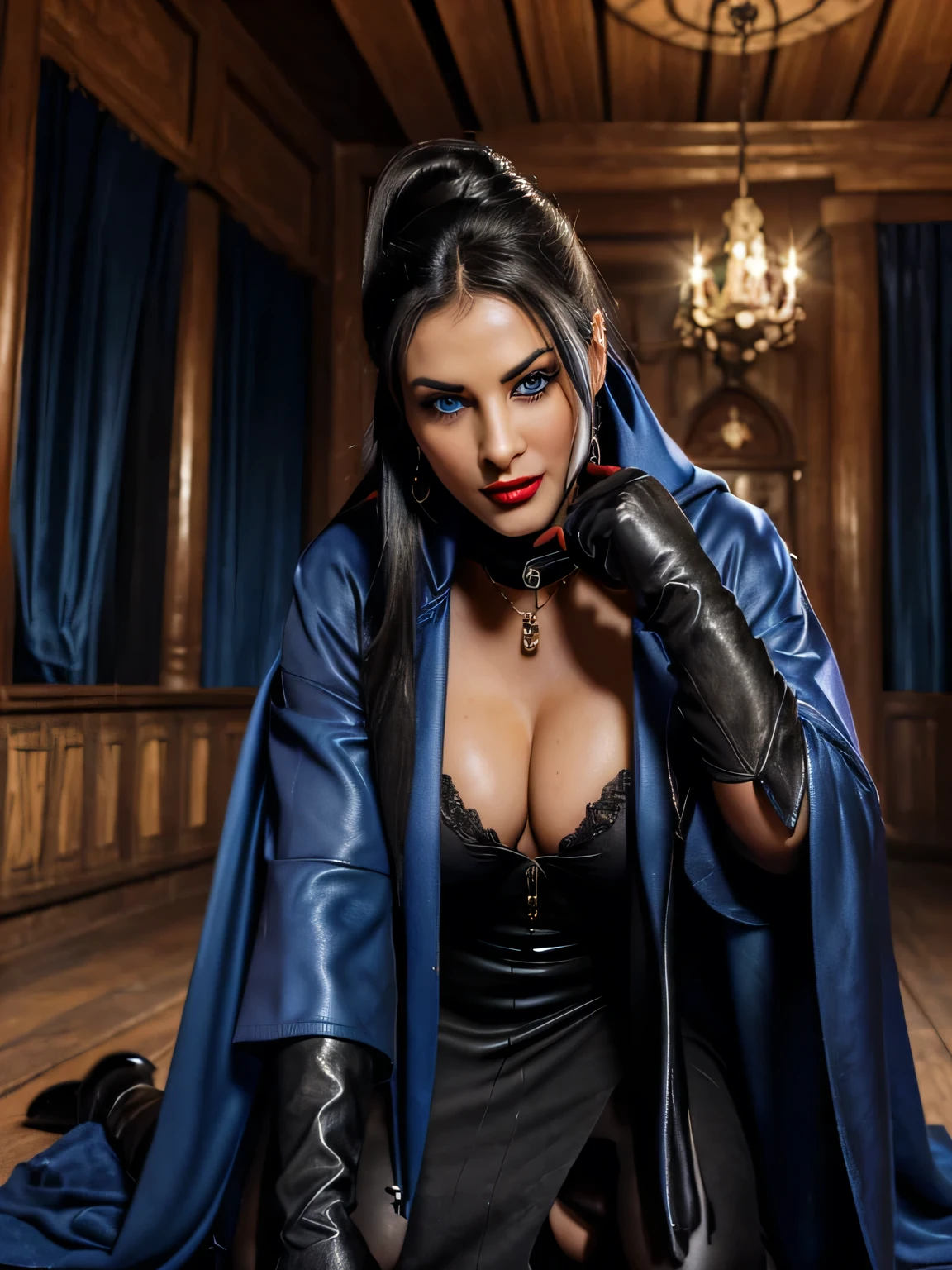photo of a completly clothed vampire assassine with a bad sadistic smile standing drammatically like a hero inside the horror torture room of the dracula castle,waitin for the man to torture , monica bellucci at 32 , ((incredibly clear blue eyes )) (( flirting vampire with the camera)) (( lookin seriously at the camera)) (( red lipstick)) (( Monica is dressed with a long black leatehr coat large sleeves over a blue tellier jacket blue turtleneck sweater , gold chain, and a large covering all her legs black long maxi-skirt(black long maxi-skirt:1.2 )) (( black soft stiletto Leather boots )) (( black ponytail hair)) (( she is wearing his favorite vintage grey silk gloves )) (( she is torturing her slave in front of her)) (( the photo is up front very low view)) 4k 8k ultradetailed, kodak print, detailed realistic face, 4k 8k ultradetailed, smooth images, realistic woman, detailed eyes, detailed face, detailed lips