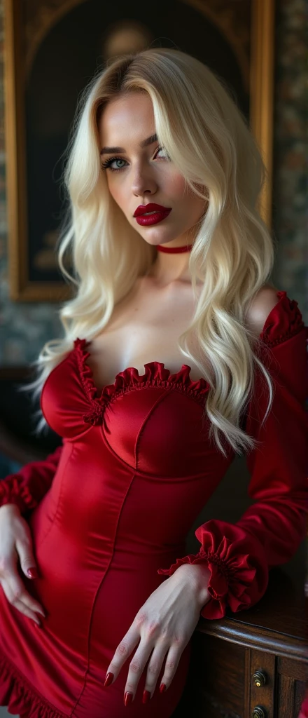 (high quality, 8k, 4K, high contrast, artwork:1.2, high quality, best aesthetics), (dynamic angle), ((1 woman)), erotic, sensual, mature body, super detailed, beautiful face detailed, detailed beautiful mouth, white hair, long white hair, straight white hair, red eyes, long eyelashes, serious expression, dominant, penetrating gaze, red lipstick, long dark red dress, neckline, blood wings, red halo, centered, standing erect, looking at the viewer.