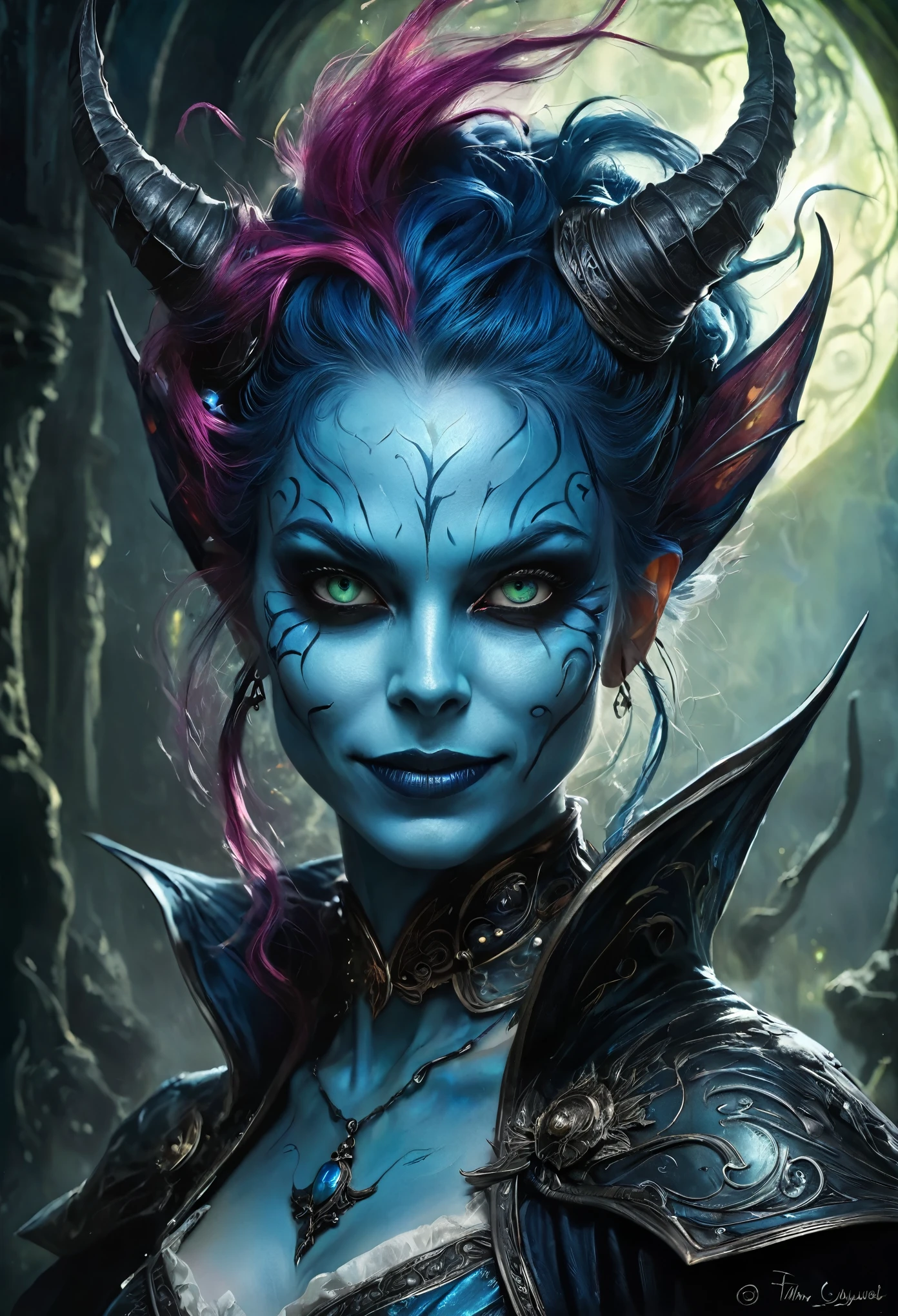 A surge of art, deep blue ink art, Detailed painting, charming sweet woman, with blue hair, crazy evil smile, Dark Fantasy, surrealistic atmosphere, Luminous, UHD, dark vivid colors, In the style of Tim Burton, magic, Digital illustration, luminism, rim lighting