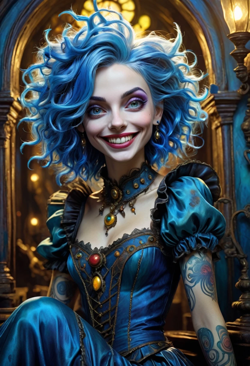 A surge of art, deep blue ink art, Detailed painting, charming sweet woman, with blue hair, crazy evil smile, Dark Fantasy, surrealistic atmosphere, Luminous, UHD, dark vivid colors, In the style of Tim Burton, magic, Digital illustration, luminism, rim lighting