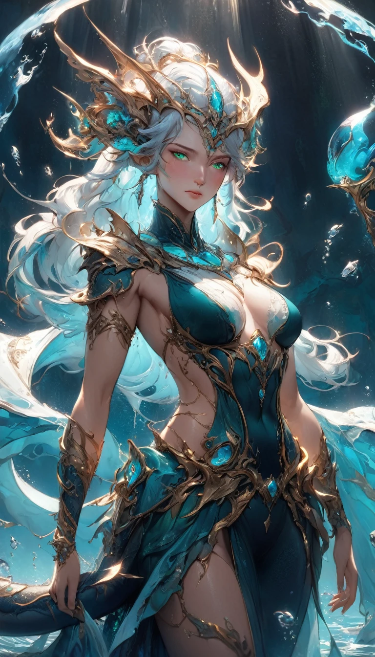 best quality,4k,8k, highres, masterpiece:1.2), ultra-detailed, extremely detailed eyes, extremely detailed body, the average Levianthar woman is a striking and formidable figure, standing tall at around 6 to 7 feet with a lean, muscular build that showcases her strength and agility. Her skin is smooth and slightly iridescent, with a bluish or grayish tint that shimmers under light, reflecting her aquatic heritage. She possesses long, flowing hair that ranges in color from deep seaweed green to midnight blue, often adorned with small, bioluminescent beads or shells. Her large, expressive eyes are adapted for both underwater and terrestrial vision, featuring hues of deep blue or emerald, green, and often possessing a subtle, ethereal glow. High cheekbones and slightly elongated ears add to her otherworldly beauty, while gill-like structures along her neck hint at her ability to thrive in the ocean depths. Her fingers and toes are slightly webbed, enhancing her swimming abilities, and a thick, powerful tail reminiscent of a shark's extends from her lower back, aiding in swift underwater movement. Her overall appearance exudes an aura of strength, grace, and mystery, embodying the unique blend of aquatic and humanoid features that define the Levianthar race, dynamic lighting, cinematic lighting, dramatic atmosphere, Atey Ghailan, Jeremy Mann, Greg Manchess, Antonio Moro, trend in ArtStation, trend in CGSociety, Intricate, High Detail, Sharp focus, dramatic and photorealistic painting art by Midjourney and Greg Rutkowski, Jeff Bridges, ((cartoon style)), Marvel Cinematic Universe style