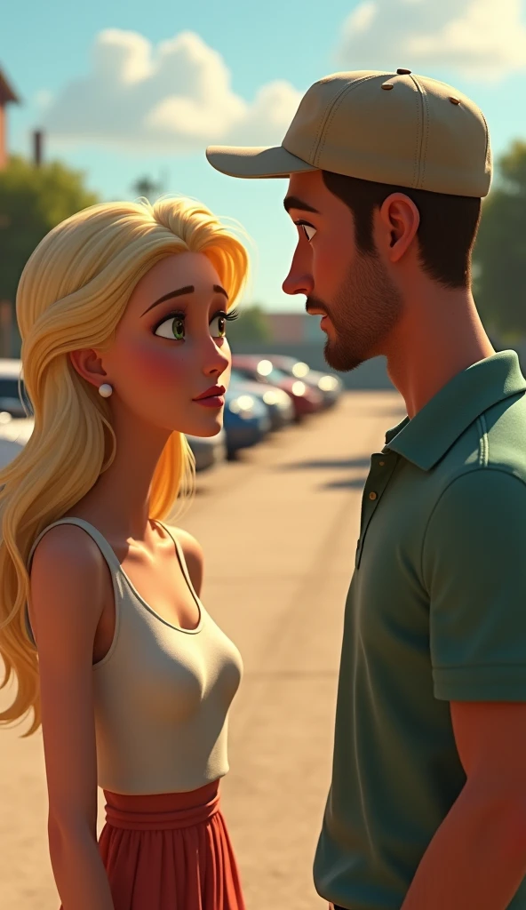 A sad handsome guy with his sad blonde wife at their home , pixar style, cinematic, masterpiece, high-aesthetic, portrait