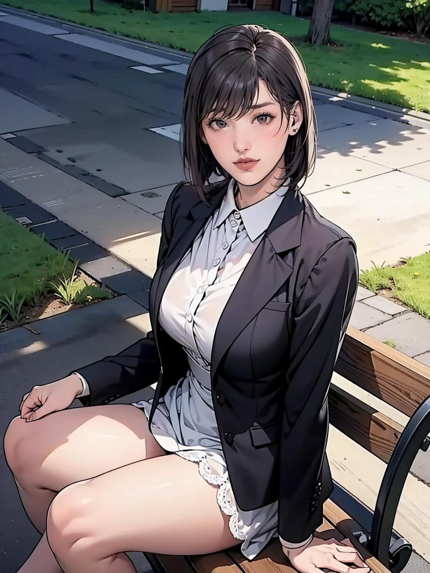 sunny day, Elegant photo of a girl in a blazer dress, (Puffy eyes:1.05), (White lace shirt), Platinum brown hair, (Angled Bob:1.4), Flat bangs, (Flowing Hair), smile, Happy, happiness, Skin with attention to detail, Skin pores, A beautiful innocent symmetrical face, Long eyelashes, Black eyeliner, Light gold eyeshadow,(Sit on a bench), Crossed_feet, Emotional, Wind, garden, wood, Grass, masterpiece, Highest quality, Realistic,