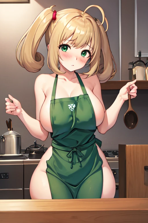 masterpiece, highest quality, Super detailed, figure, One girl, alone, View Viewer, shin Sato, Blonde Hair, Ahoge, Green Eyes, Short Twin Tails, indoor, 

masterpiece, best quality, ultra-detailed, illustration, 1girl, solo, looking at viewer, sato shin, blonde hair, ahoge, green eyes, short twintails, indoors, 
(((Naked with an apron)))、((Bust Focus))、((Big Breasts))、(Troubled face)、(Blushing)、(Sexual pose))), voluptuous, curvy, wide hips, lactating breasts, sexy and breedable,