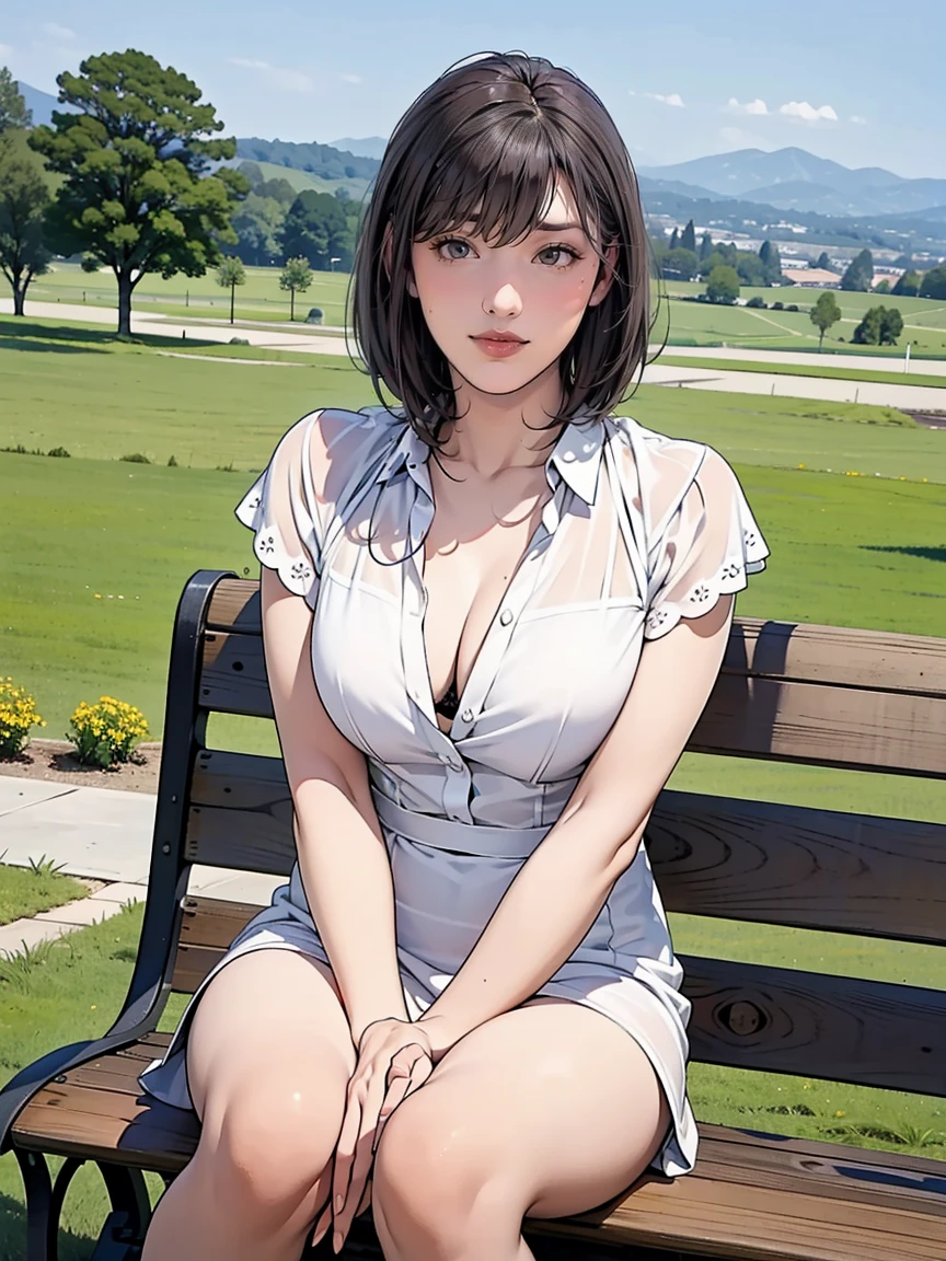 sunny day, Elegant photo of a girl in a blazer dress, (Puffy eyes:1.05), (White lace shirt), Platinum brown hair, (Angled Bob:1.4), Flat bangs, (Flowing Hair), smile, Happy, happiness, Skin with attention to detail, Skin pores, A beautiful innocent symmetrical face, Long eyelashes, Black eyeliner, Light gold eyeshadow,(Sit on a bench), Crossed_feet, Emotional, Wind, garden, wood, Grass, masterpiece, Highest quality, Realistic,