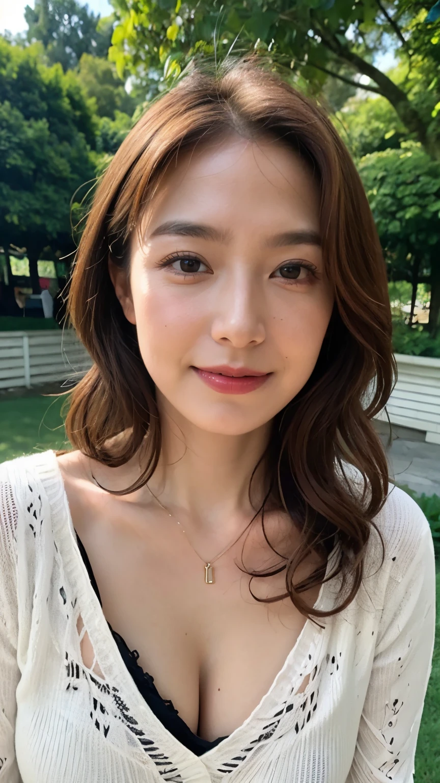 8K, top-quality, ​masterpiece, realisitic, Photorealsitic, ultra-detailliert, Natural sunlight, mideum breasts, I can see the cleavage, light blue V-neck knit, 1 persons, 35-year-old woman, (look at a camera), (Look from the front), beautiful hairl, Floating hair, Pendants, extremely detailed face and skin, A detailed eye, extremely detailed face and skin