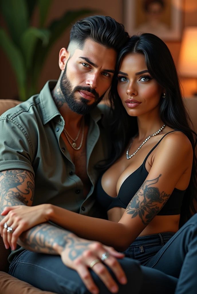 a young man AI high quality muscular tattoo with name ruy tanned skin piercing gaze light pink mouth with living room background sitting with realistic hugging woman 