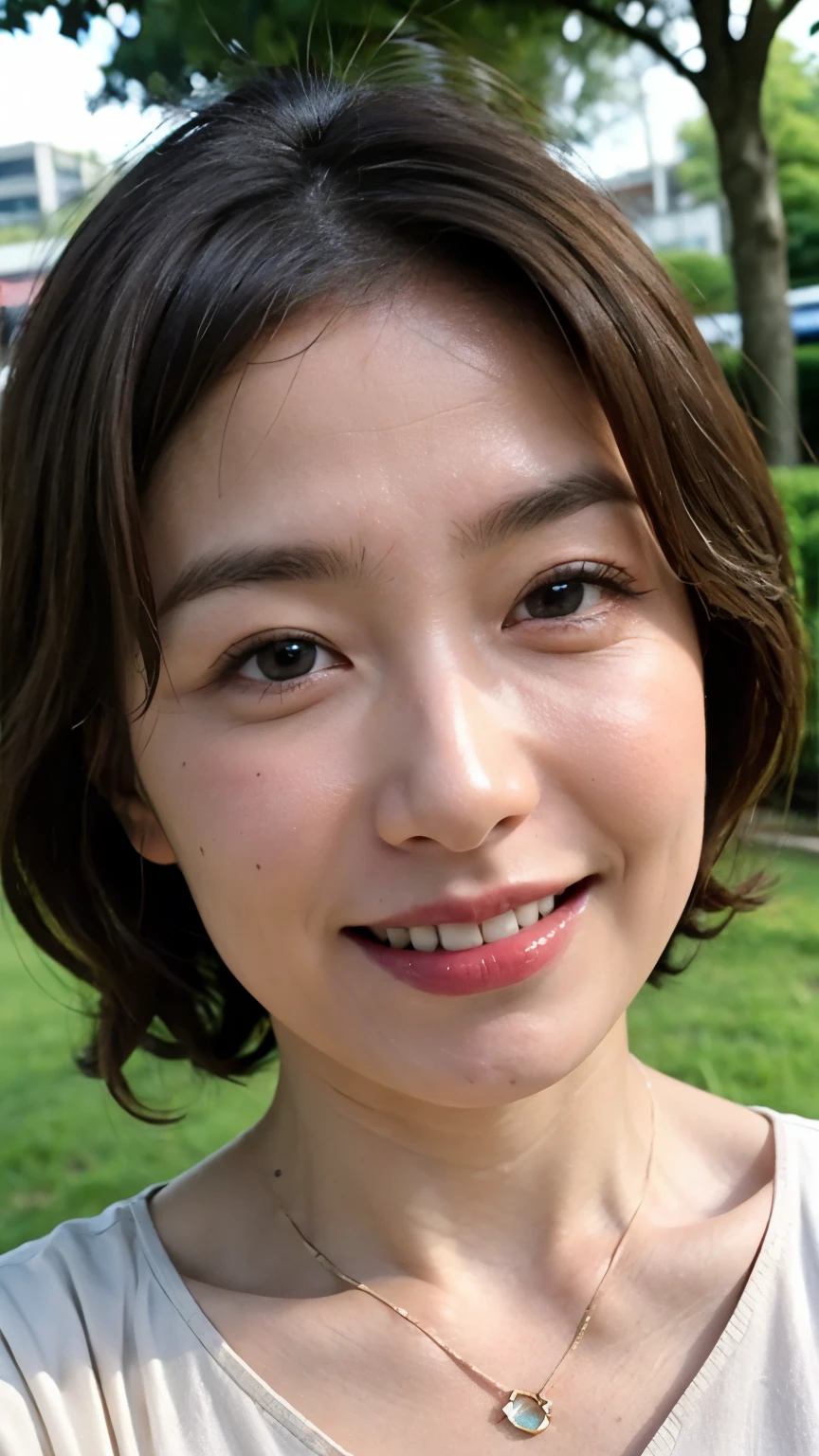 最high quality, In 8K, Masseter region, Real, Sharp focus, high quality, High resolution, Detailed face, Detailed eyes, Thick lips, Background Blur, alone, Middle-aged women, , 5, , Wavy Hair, Cleavage, Wearing a plain short-sleeved knit, Afternoon in front of the park garden, Wrinkles around the eyes, Smiling with teeth showing