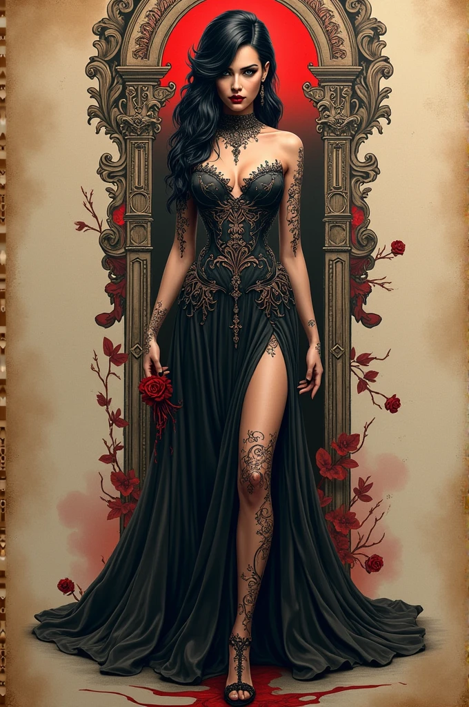 Gothic style beautiful woman wearing a flower dress, <lora:xl_flower_dress-1.0:0.8>, roses, full body . Dark, mysterious, haunting, dramatic, ornate, detailed