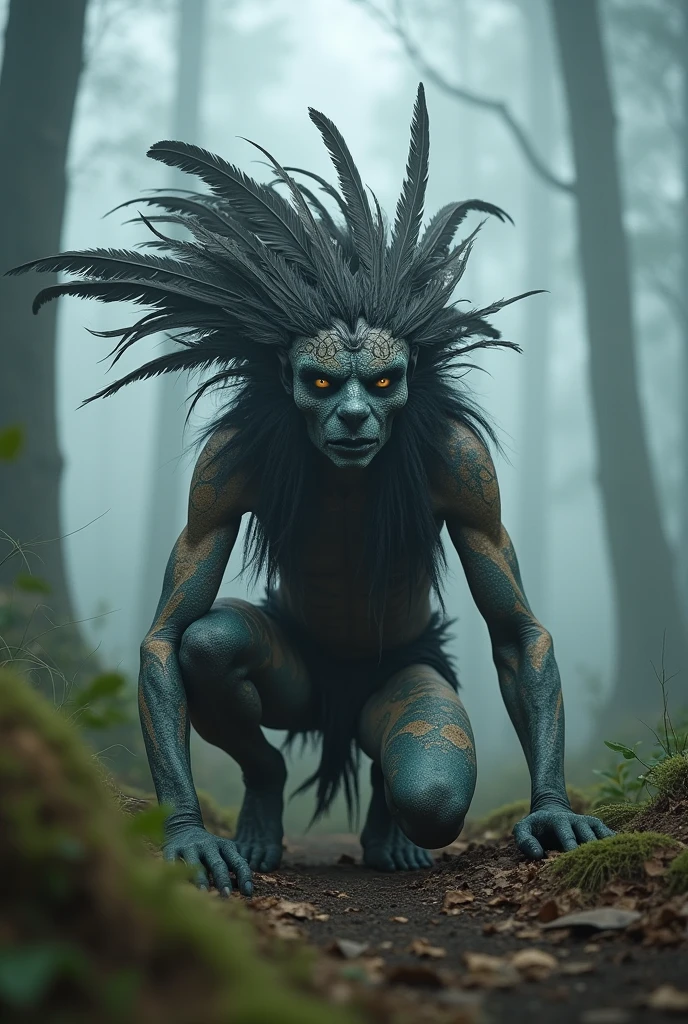 Generate a highly detailed and atmospheric scence of a mystical forest creature crouching in a misty woodland setting. The creature has an otherworldly appearance. With intricate body paint resembling cracked earth, and wears elaborate feathered adornment, including a headdress made of dark and light feathers. The creature's face is partially masked, with sharp, angular features and intense, almost haunting eyes. The environment around is fence with fog, with tall tree and a moody, ethereal ambiance, emphasizing the creature's connection to the mystical forest. 