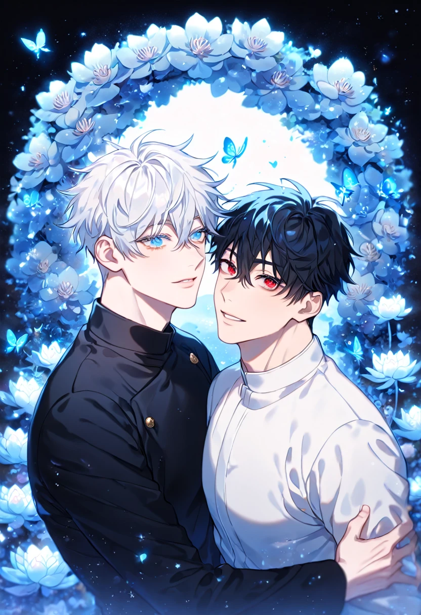 absurdres, highres, ultra detailed, HDR, master piece, best quality, Victor Nikiforov, gray hair, expressive blue eyes, yuri on ice!!!, Katsuki Yuuri, black hair, expressive brown eyes, two sexy men together, gay couple, yaoi, handsome, toned chest, black coat, white coat, blue moon, blue forest, blue fireflies, blue flowers, magical, fantasy