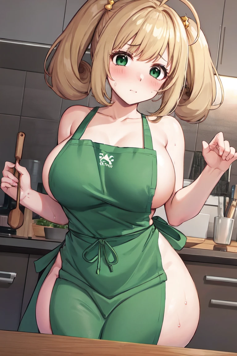 masterpiece, highest quality, Super detailed, figure, One girl, alone, View Viewer, shin Sato, Blonde Hair, Ahoge, Green Eyes, Short Twin Tails, indoor, 

masterpiece, best quality, ultra-detailed, illustration, 1girl, solo, looking at viewer, sato shin, blonde hair, ahoge, green eyes, short twintails, indoors, 
(((Naked with an apron)))、((Bust Focus))、((Big Breasts))、(Troubled face)、(Blushing)、(Sexual pose))), voluptuous, curvy, wide hips, lactating breasts, sexy and breedable, aroused, sweat, thicc girl, fertile body,