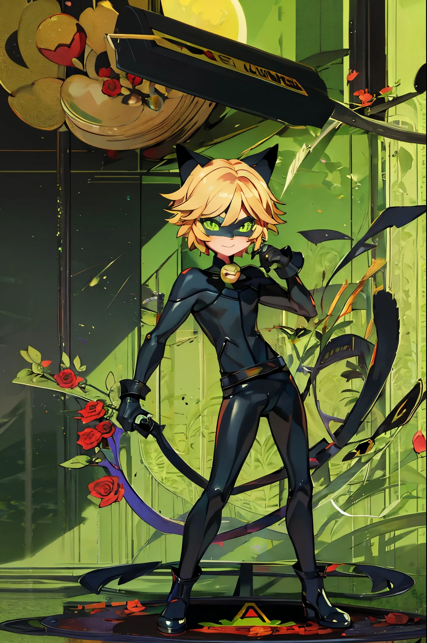 hd, super cat, chat noir, cat noir, 1 boy, solo, blond hair, black super hero mask, black cat ears, black latex costume, green cat eyes, red rose in hand, moon, paris, night, tarot card, fullbody,