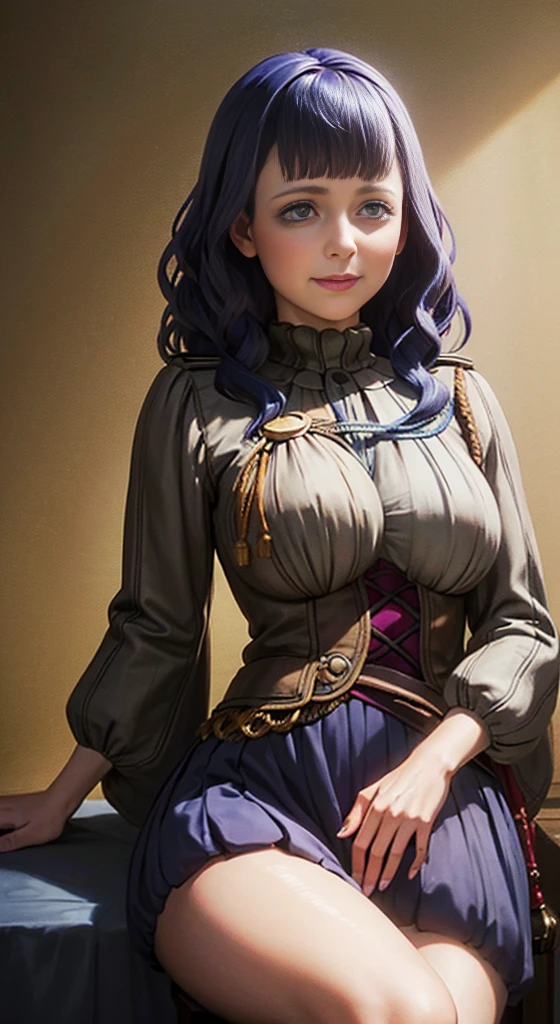 a beautiful detailed woman with short black hair, purple eyes, a big bust, wearing witch's clothes, sitting in a tavern and smiling, realistic, full hd, best quality, cinematic lighting, dramatic atmosphere, intricate details, warm color palette, chiaroscuro lighting, oil painting, high resolution, photorealistic, fantasy art, portrait