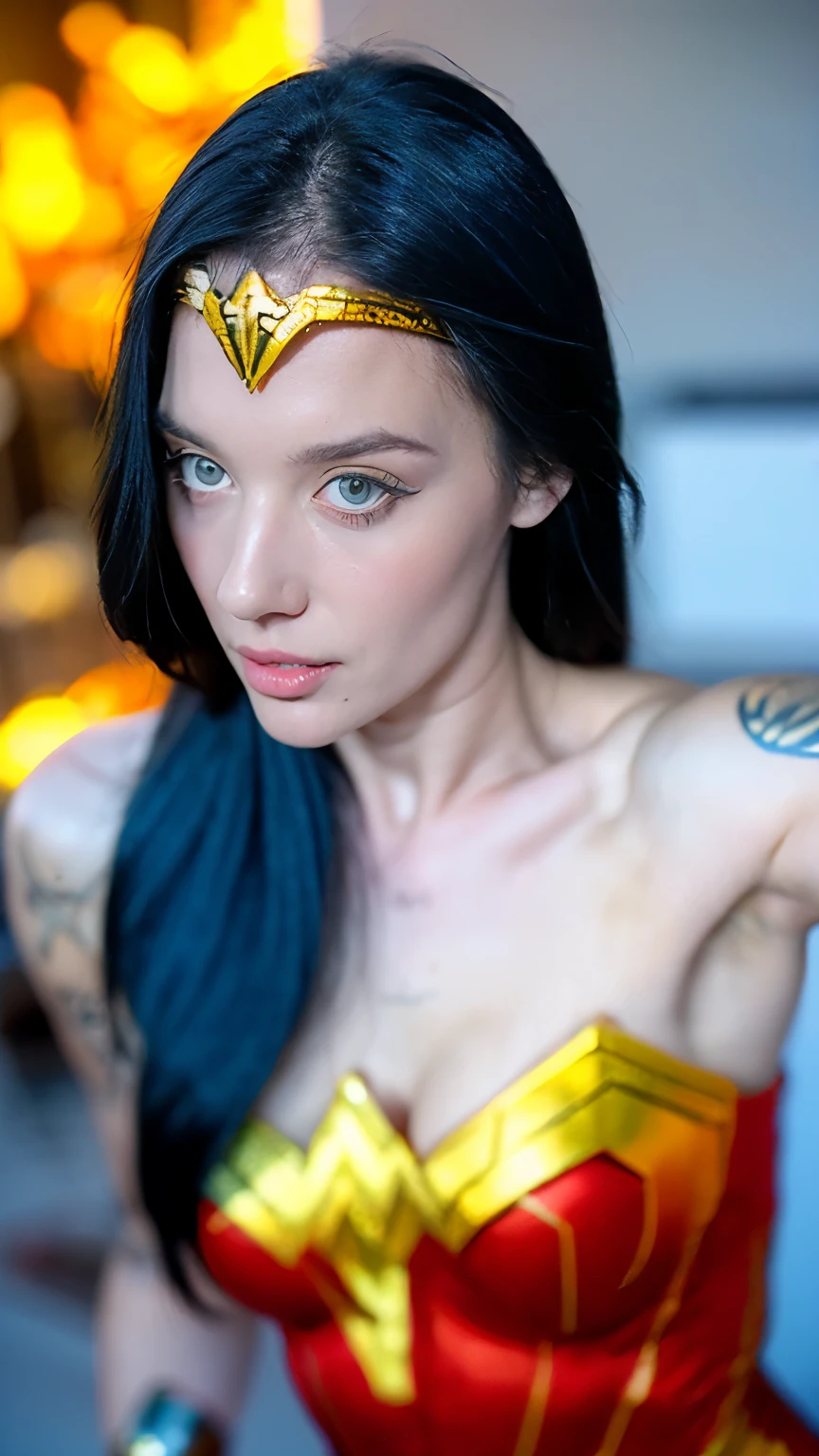 Sexy hot young girl, (( cosplay of Wonder woman in fight pose)), sexy, ((Full tattooed arm)). portrait raw photography ,hyper realistic , (((detailed face, wflame face))), skin Textures, intricate, realistic skin texture, Hot body, athletic body, Brazilian girl, tattooed girl, wearing a little sexy clothes. natural lighting. (((Dystopic abandoned background, fire, Flames))). Cinematic lighting.