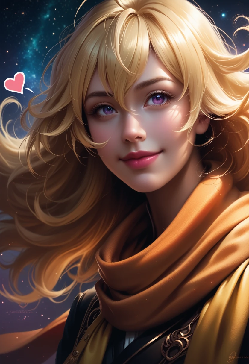 1 girl, ahoge, bang, blonde hair, air kiss, Blue eyes, blue scarf, brown scarf, split, closed mouth, eyelashes, face, floating hair, hair between eyes, heart, lips, lipstick, long hair, I look at the viewer, draw up, night sky, nose, one eye is closed, orange scarf, pink lips, pink scarf, portrait, purple eyes, realistic, red lips, red scarf, scarf, signature, smile, One, Cosmos, spoken heart, star (sky), starry sky, upper body, watermark, Yang Xiao Long, yellow scarf