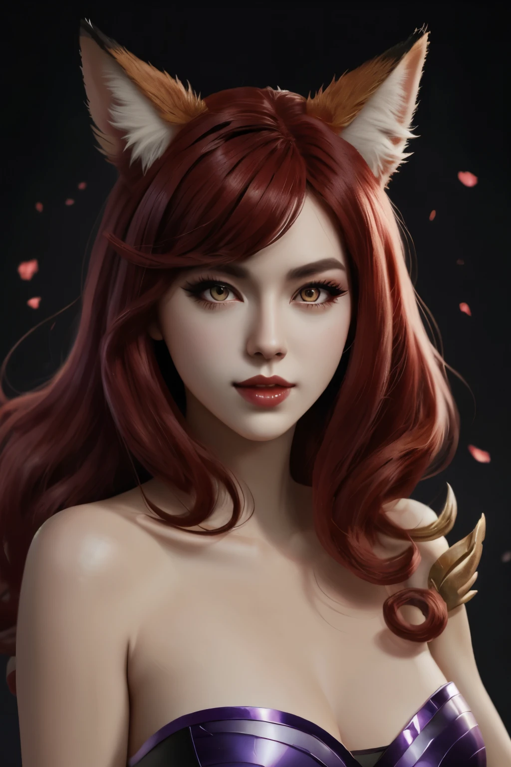 a fox woman, KDA ahri outifit, red curly hair, strapless, super detaill, high resolution, 8k, Overview 