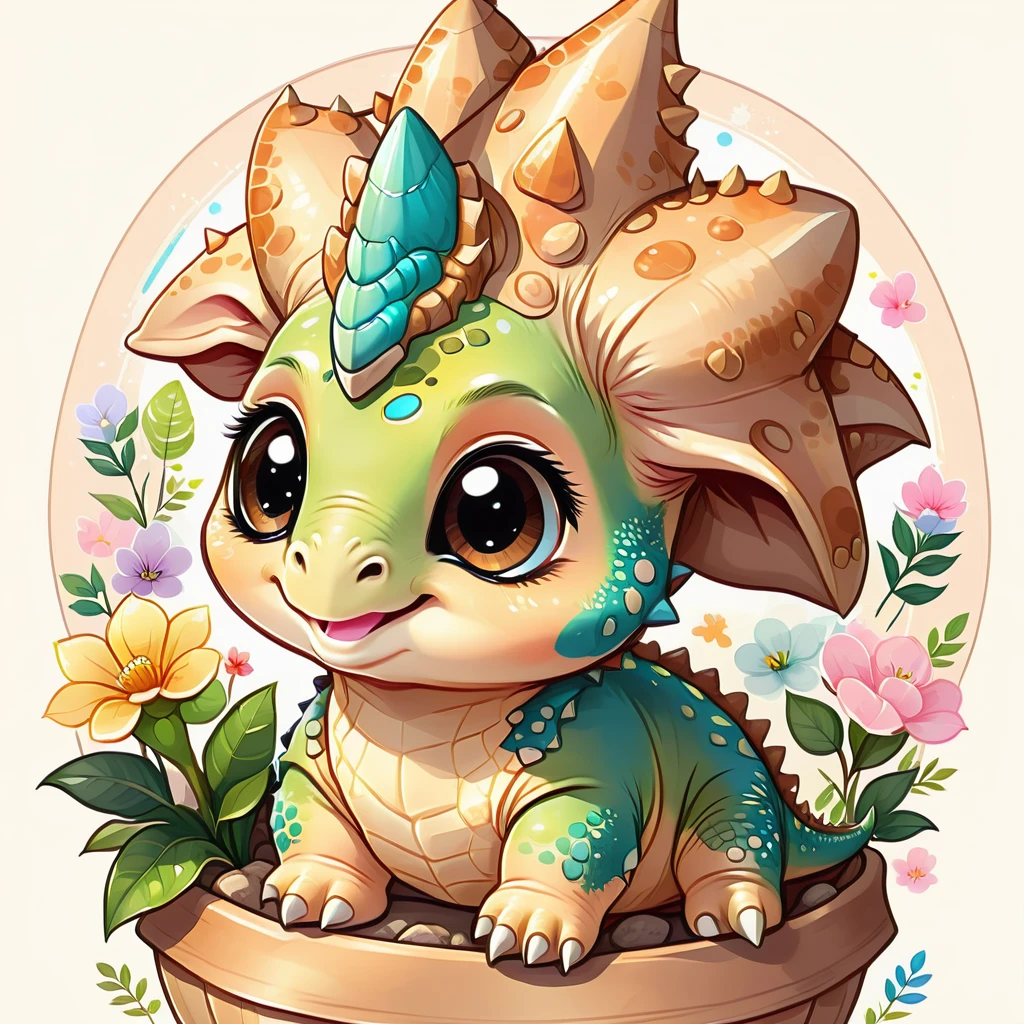 cute little animals, an adorable baby triceratops, kawaii, high qualiy, digital art illustration, sticker art