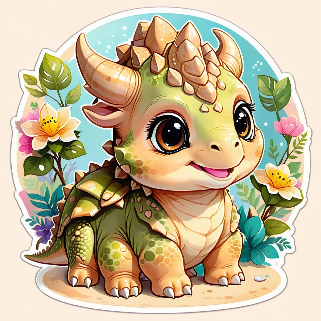 cute little animals, an adorable baby triceratops, kawaii, high qualiy, digital art illustration, sticker art