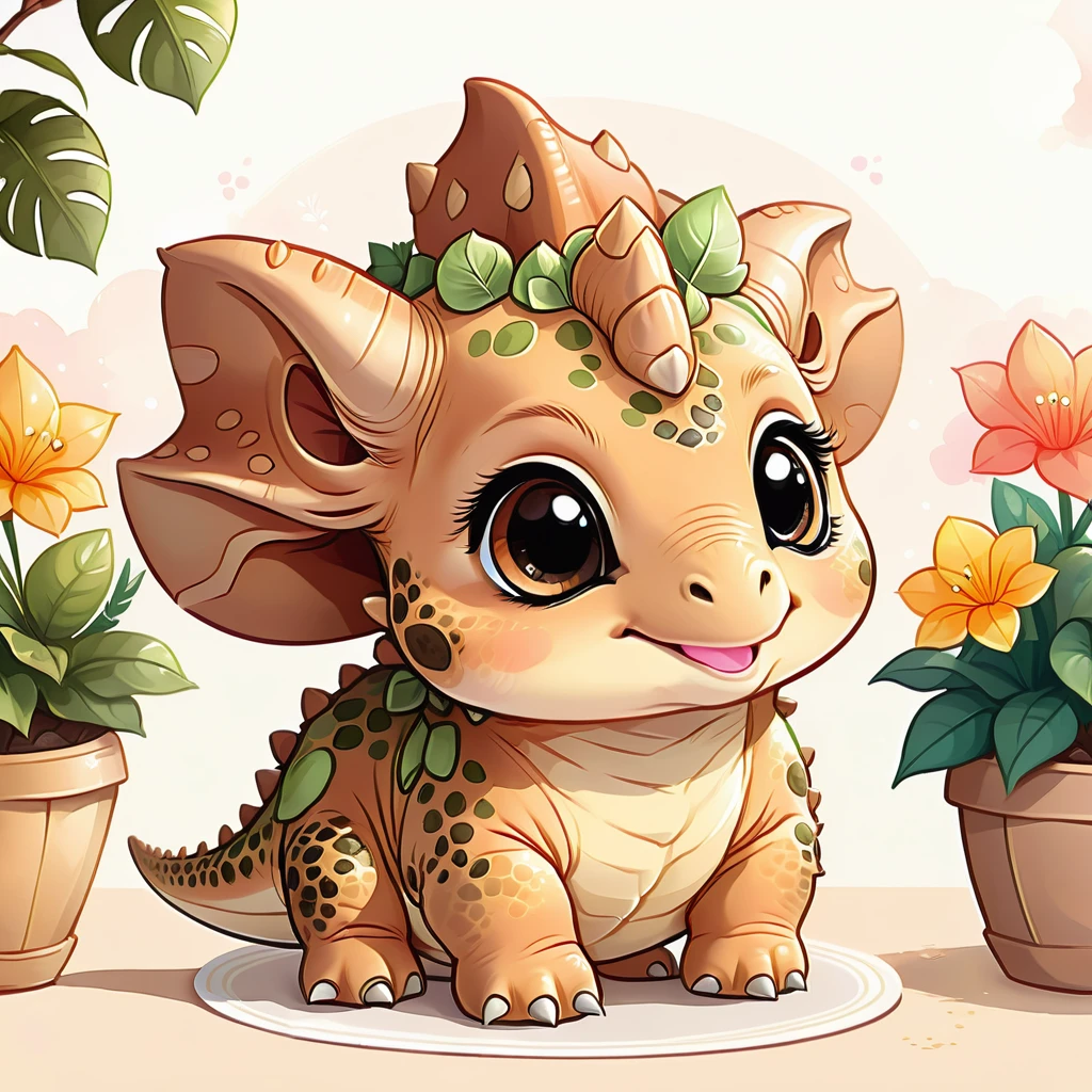 cute little animals, an adorable baby triceratops, kawaii, high qualiy, digital art illustration, sticker art