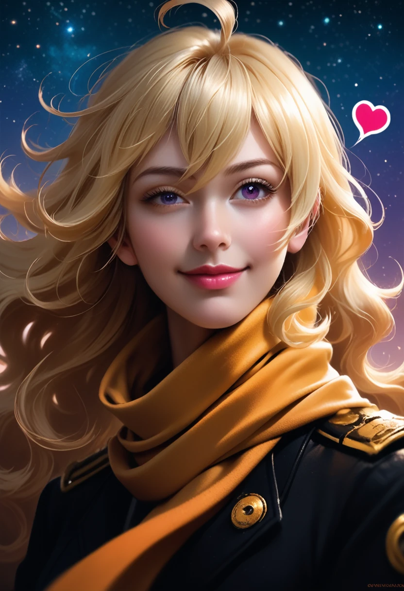 1 girl, ahoge, bang, blonde hair, air kiss, Blue eyes, blue scarf, brown scarf, split, closed mouth, eyelashes, face, floating hair, hair between eyes, heart, lips, lipstick, long hair, I look at the viewer, draw up, night sky, nose, one eye is closed, orange scarf, pink lips, pink scarf, portrait, purple eyes, realistic, red lips, red scarf, scarf, signature, smile, One, Cosmos, spoken heart, star (sky), starry sky, upper body, watermark, Yang Xiao Long, yellow scarf