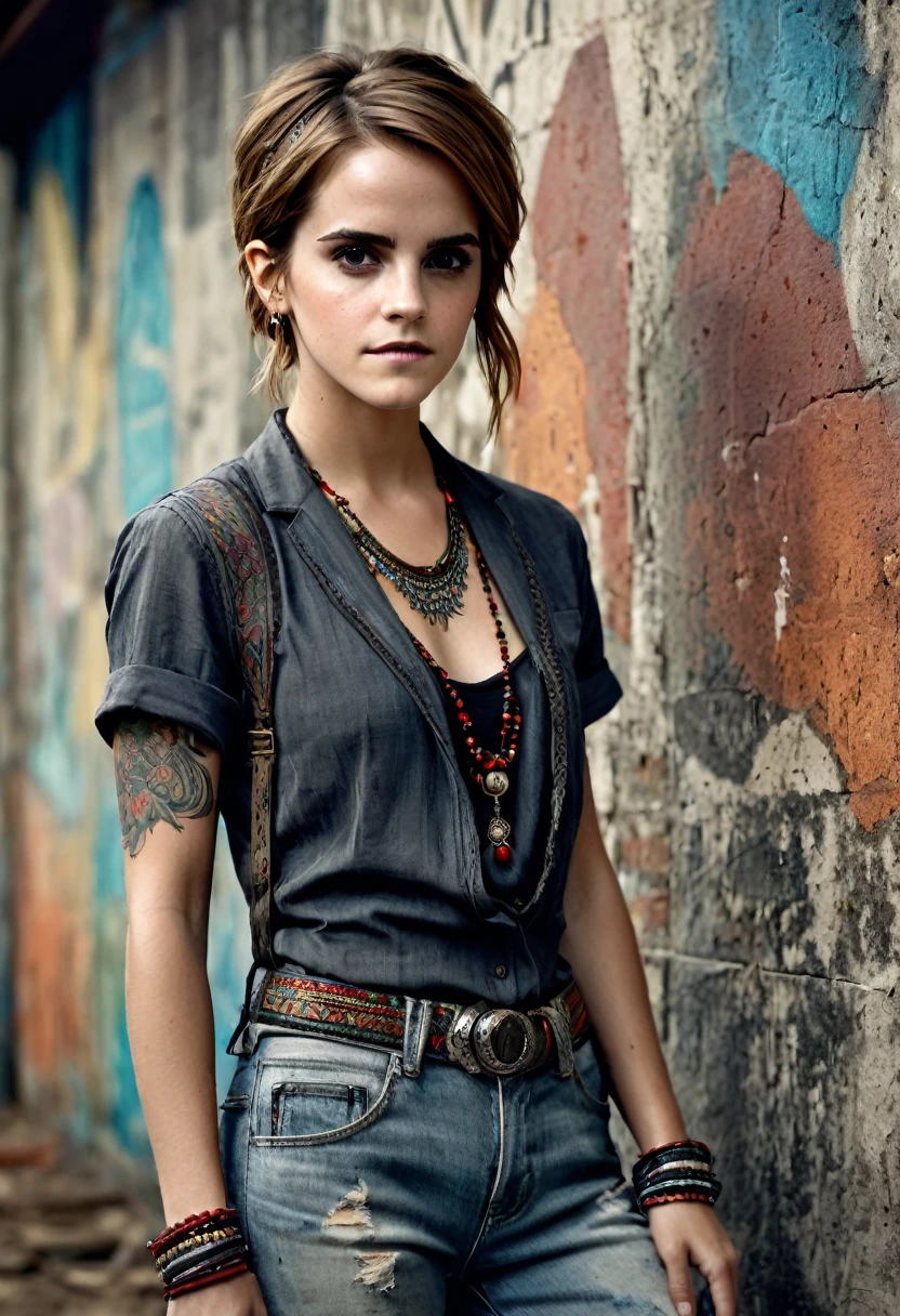 Emma Watson, A beautiful woman, slender, tribal meets bohemian, tattoos, piercing, bohemian jewelry, modern, textured peeling wall in background, graphite, raw, gritty, dirty, mix of colors & materials, intricate, detailed, fashion photography, trending on artstation, sharp focus, studio photo, intricate details, highly detailed, photo realistic, cinematic, movie still, captured in the style of Sony Alpha A7 III camera