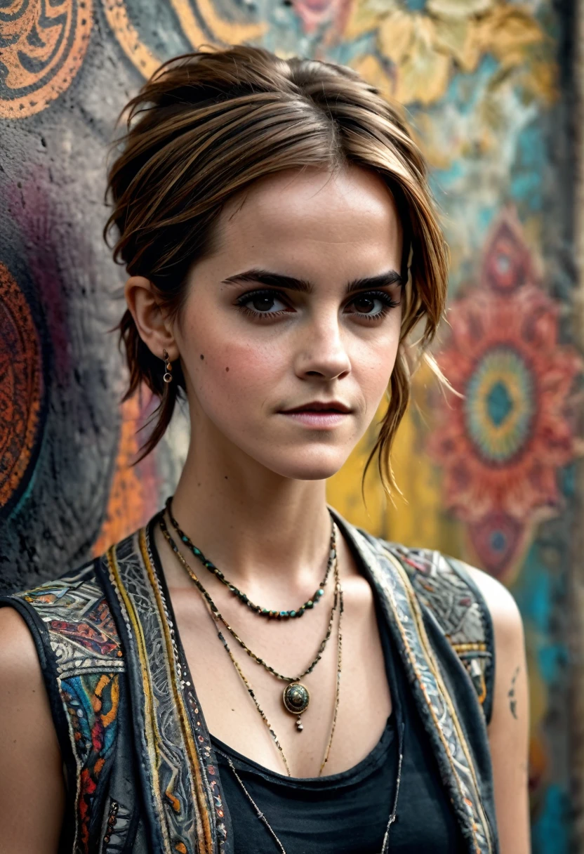 Emma Watson, A beautiful woman, slender, tribal meets bohemian, tattoos, piercing, bohemian jewelry, modern, textured peeling wall in background, graphite, raw, gritty, dirty, mix of colors & materials, intricate, detailed, fashion photography, trending on artstation, sharp focus, studio photo, intricate details, highly detailed, photo realistic, cinematic, movie still, captured in the style of Sony Alpha A7 III camera