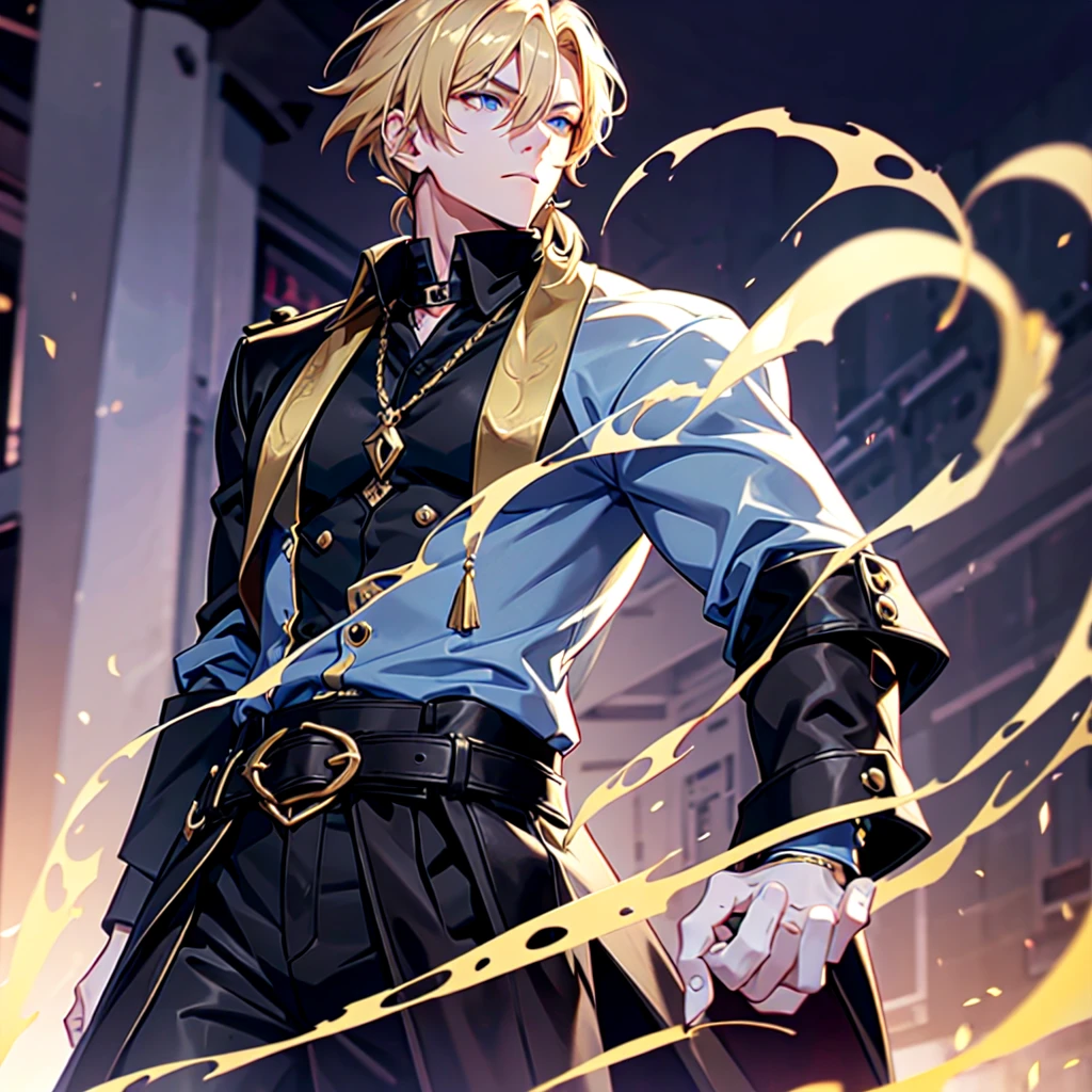 Anime attractive man, 20 year old, blonde hair, very very short ponytail, tall, muscular, solo, one person, dark blue gold-accented high-collared dress shirt with rolled up sleeves, black choker, dark blazer with gold lining and buttons unbuttoned with rolled up sleeves, long dark overcoat with a fur trim, rolled up sleeves, rolled up sleeves, rolled up sleeves, rolled up sleeves muscular, masculine face.