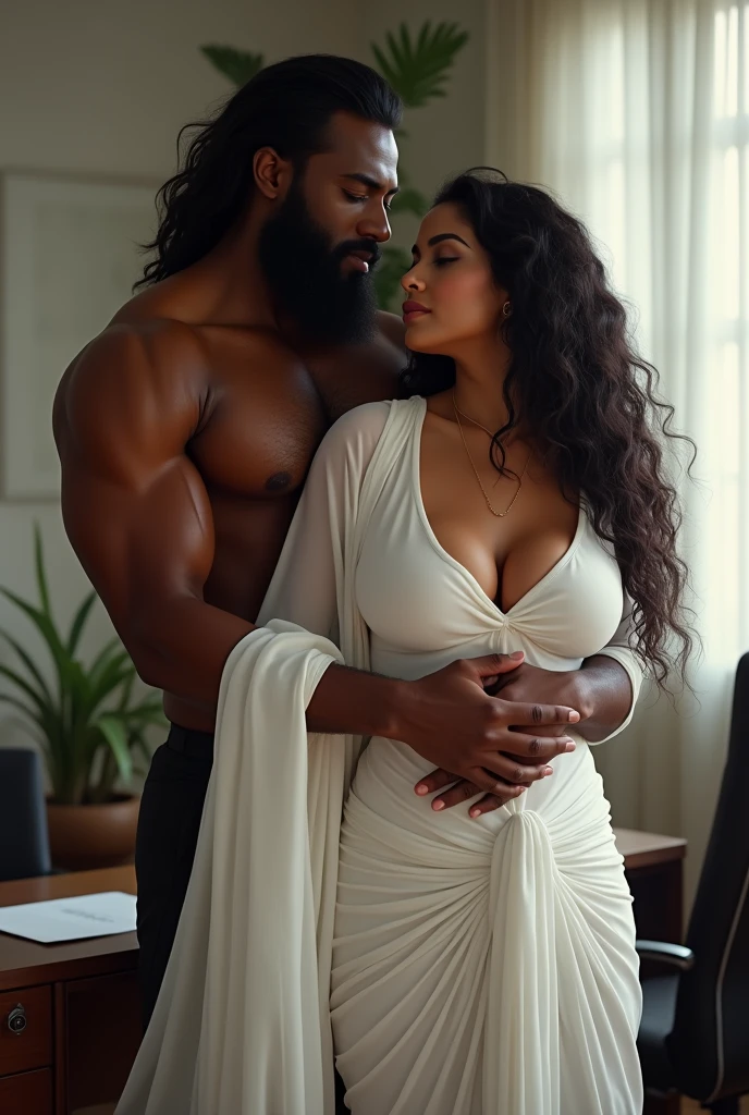 Newly wed indian couple, hot curvy south indian thick milf with single plaited hairstyle, big breast, big hip, big ass, thick thighs, woman wearing nighty, cleavage, indian couple, very short indian brown man with buzz cut, very big muscular body and beard, man wearing shorts, woman with man, couple in a big bedroom, high resolution, looking at camera, tall woman and short man, close-up potrait, Closed Mouth, serious face, man pinned woman on wall, man carrying woman
