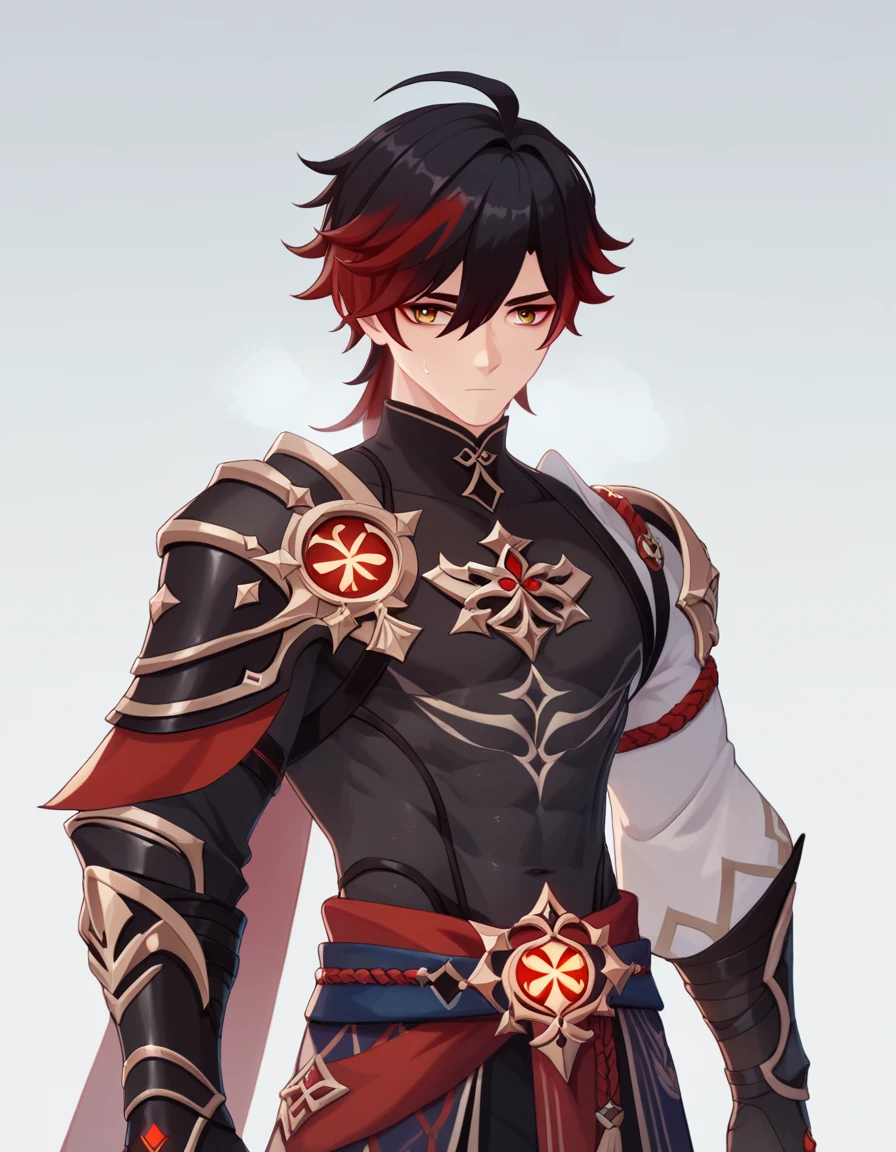 Human Male, Black haircut ,red highlights , Cold Clothing ,Genshin Impact Game Style , Black Knight armor 