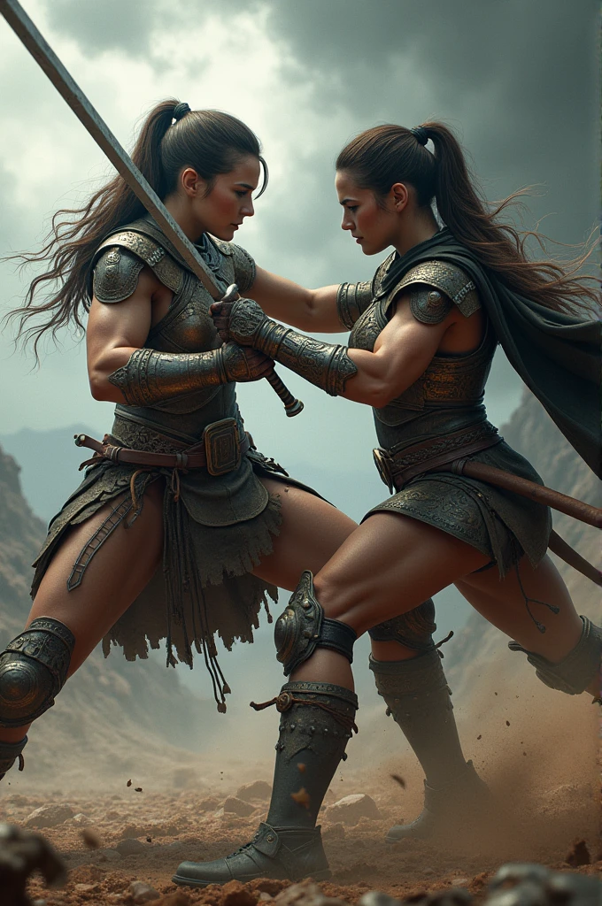 a girl in warrior-suit banishing a Ghost-spirit, intricate, iconic kicking stance, full expression, shout out, epicRealism, UHD, 8k, super detailed,