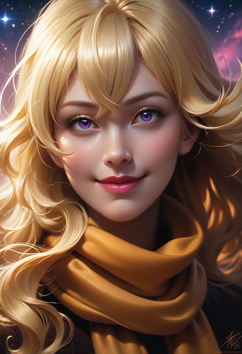 1 girl, ahoge, bang, blonde hair, air kiss, Blue eyes, blue scarf, brown scarf, split, closed mouth, eyelashes, face, floating hair, hair between eyes, heart, lips, lipstick, long hair, I look at the viewer, draw up, night sky, nose, one eye is closed, orange scarf, pink lips, pink scarf, portrait, purple eyes, realistic, red lips, red scarf, scarf, signature, smile, One, Cosmos, spoken heart, star (sky), starry sky, upper body, watermark, Yang Xiao Long, yellow scarf