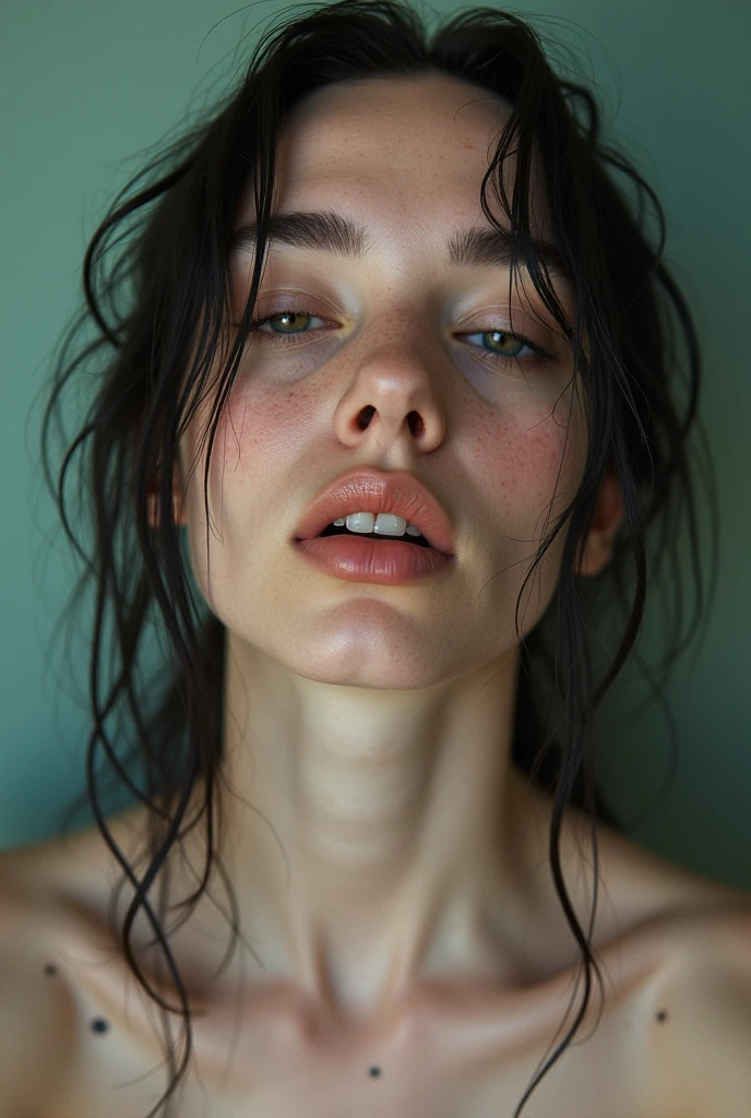 Best quality, masterpiece, ultra high res, (photorealistic:1.4), raw photo, 1girl,
wet hair, wet body, water drop on the skin, directed by shane mcmellen, in the style of neon-lit pop art, photo taken with ektachrome, distorted portraiture, surreal sculpture, gothic dark and moody tones, softbox lighting, instax film
crying, gaze looking beyond,red blush,Strong sunshine,delicate and messy hair,realistic skin textures, Pronounced pores and skin wrinkles,tropical rainforest,((strong light shines on the face)), The upper part of the body, naked portrait, nude photography, detailed armpit, pussy pubic hair, shiny nipple