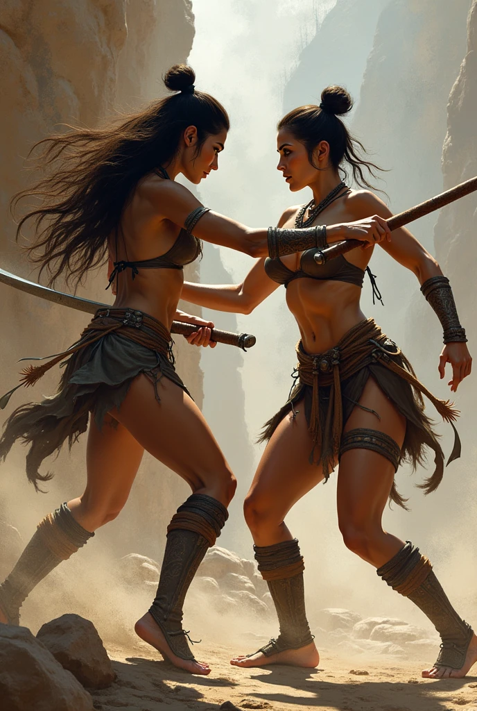 As I approached the camp of the barbarian warriors, my eyes were immediately drawn to a figure standing in the center. She stood tall and strong, her long, dark hair cascading down her back in wild waves. Her skin was bronzed from the sun and her arms were adorned with intricate tattoos, showcasing her bravery and victories in battle.
I watched as she skillfully strapped on her armor, each piece fitting perfectly on her toned body. She wore a thick fur cloak over her shoulders, emblazoned with the symbol of her clan. Her sword, the weapon of choice for the barbarian warriors, hung at her side, its blade glinting in the sunlight.
As she turned to face me, I could see the determination in her piercing blue eyes. She was a fierce warrior, ready to do whatever it takes to protect her people and defend her land.
Without a word, she mounted her horse and led her army out of the camp. As we rode towards the battlefield, she let out a fierce battle cry, her voice echoing through the mountains.
As we approached the enemy, I could see the fear in their eyes as they faced this beautiful, yet deadly, warrior. She charged into battle, her sword swinging with expert precision, taking down each opponent with ease.
The sound of clashing swords and battle cries filled the air as the two armies collided. But amidst all the chaos, the barbarian woman remained calm and focused, her eyes fixed on the enemy's leader.
With a swift movement, she dismounted her horse and charged towards him. The two engaged in a fierce battle, their swords clashing in a deadly dance.
Despite his size and strength, the barbarian woman proved to be a formidable opponent. With a final strike, she defeated him, her sword piercing through his armor.