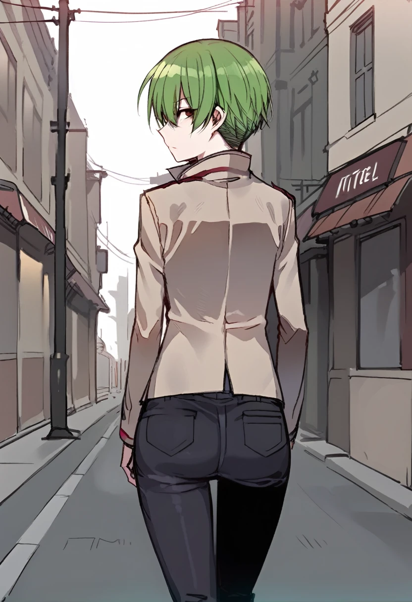 score_9,score_8_up,score_7_up BREAK MaiZeninSDXL,1girl,solo,short hair,brown eyes,school uniform,high collar,gakuran,green hair,pants,cowboy shot,street background,from behind,looking back,looking at viewer,