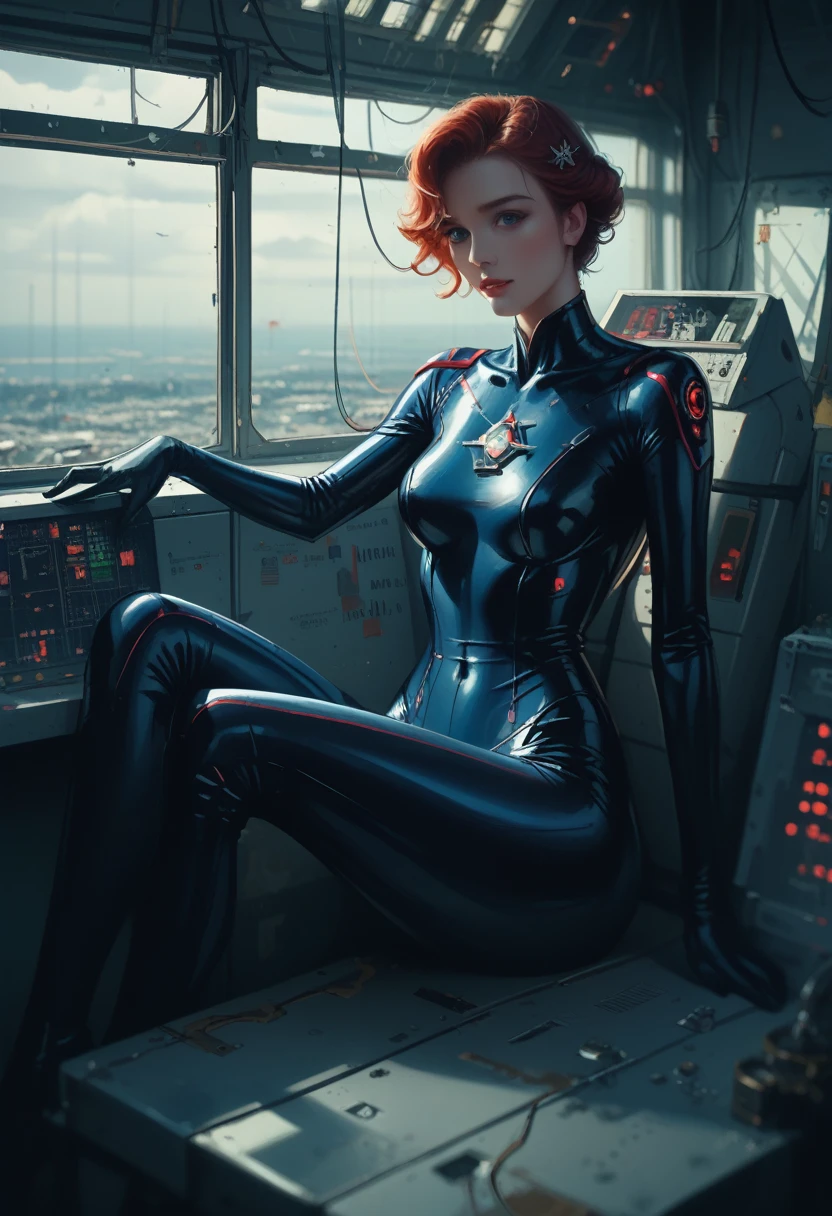 Absurd decision, a high resolution, (masterpiece: 1.4), hyperdetailing, ****ung woman, short red hair, pilot suit, rich princess, sitting in a very narrow and closed mech control room and looking out the window, window - cosmic universe, you can see the blue planet (1.5), The expression is excited, the control room of the mech is in the universe