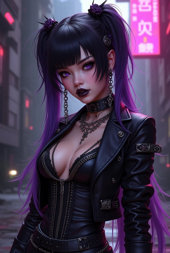 (anime women), demon women, (demon eyes) building corridor, cinematic lighting (best quality:1.2)detailed, neon lights, vivid colors,bokeh, angry looking face with smirk on mouth, piercing, ((piercing)), gaze, 4k, particles in the air, powers, amazing art work full of details, dynamic movement, (dark lips), scars, mercenary