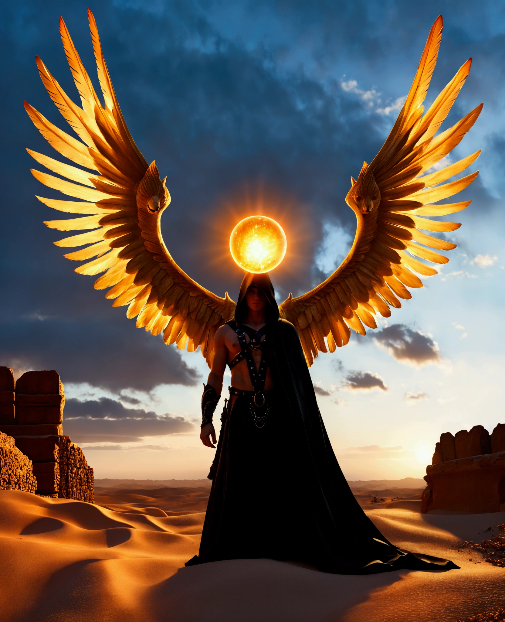 Surreal fantasy artwork featuring a central figure with a hooded cloak and large, intricately detailed, anatomically correct wings, standing in front of an ornate, gothic-style throne. The figure's face is obscured by the hood, adding an air of mystery. They hold a glowing, fiery orb in their hands, with vibrant, high-contrast lighting. Flanking the figure are two black, muscular dogs with pointed ears, each wearing a detailed harness. The background is a vast, arid desert landscape under a sky with scattered clouds, creating a stark contrast with the detailed and dark elements of the central subjects. The overall color palette includes warm desert tones and dark, shadowy hues, with a focus on high-resolution, super-detailed textures and intricate patterns.