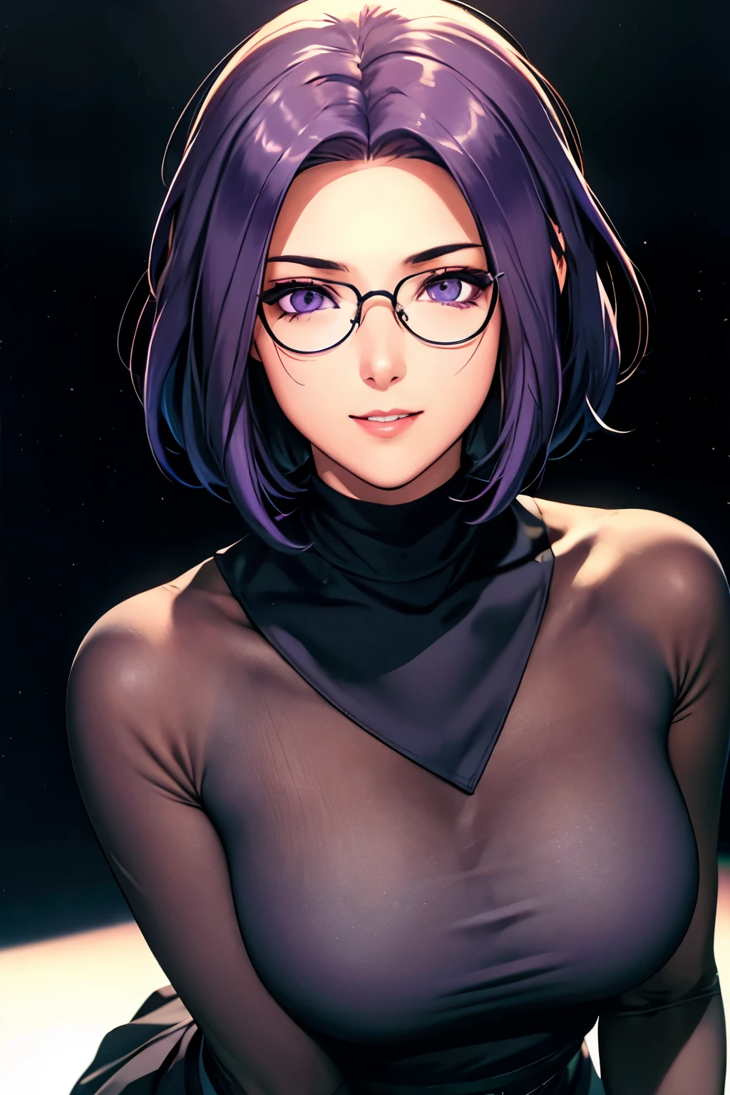 (((Perfect number,number,Gray sweater, Black skirt, black,(((JMT,Glasses,Purple Hair,short hair,Purple Eyes,Michondev,Purple Eyes,Purple Hair,Medium Length Hair,)))型number:1.7))),((masterpiece)),high resolution, ((Best quality at best)),masterpiece,quality,Best quality,((( Exquisite facial features,looking at the audience,There is light in the eyes,Happy,Interweaving of light and shadow,))),(((looking at camera,BLACK background,Bend forward)))