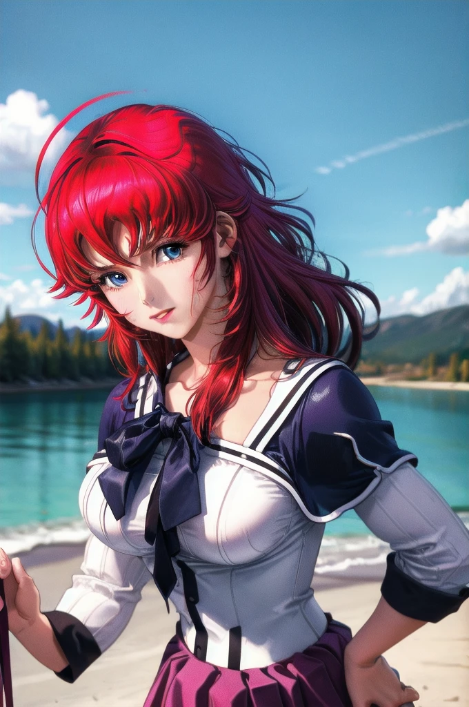 masterpiece, best quality, high quality, highres, outdoors, day, upper body, looking at viewer, solo, focused, BREAK, 
ANIME_DxD_Rias_Gremory_ownwaifu, 
1girl, bangs, long hair, red hair, breasts, large breasts, rias gremory, blue eyes, hair between eyes, very long hair, collarbone, hair intakes,  hair over breasts, 
black capelet, black corset, collared shirt, kuoh academy school uniform, layered skirt, underbust, school uniform, skirt, shirt, long sleeves, purple skirt, ribbon, miniskirt, neck ribbon, thighhighs, black ribbon, 1980s(style),
