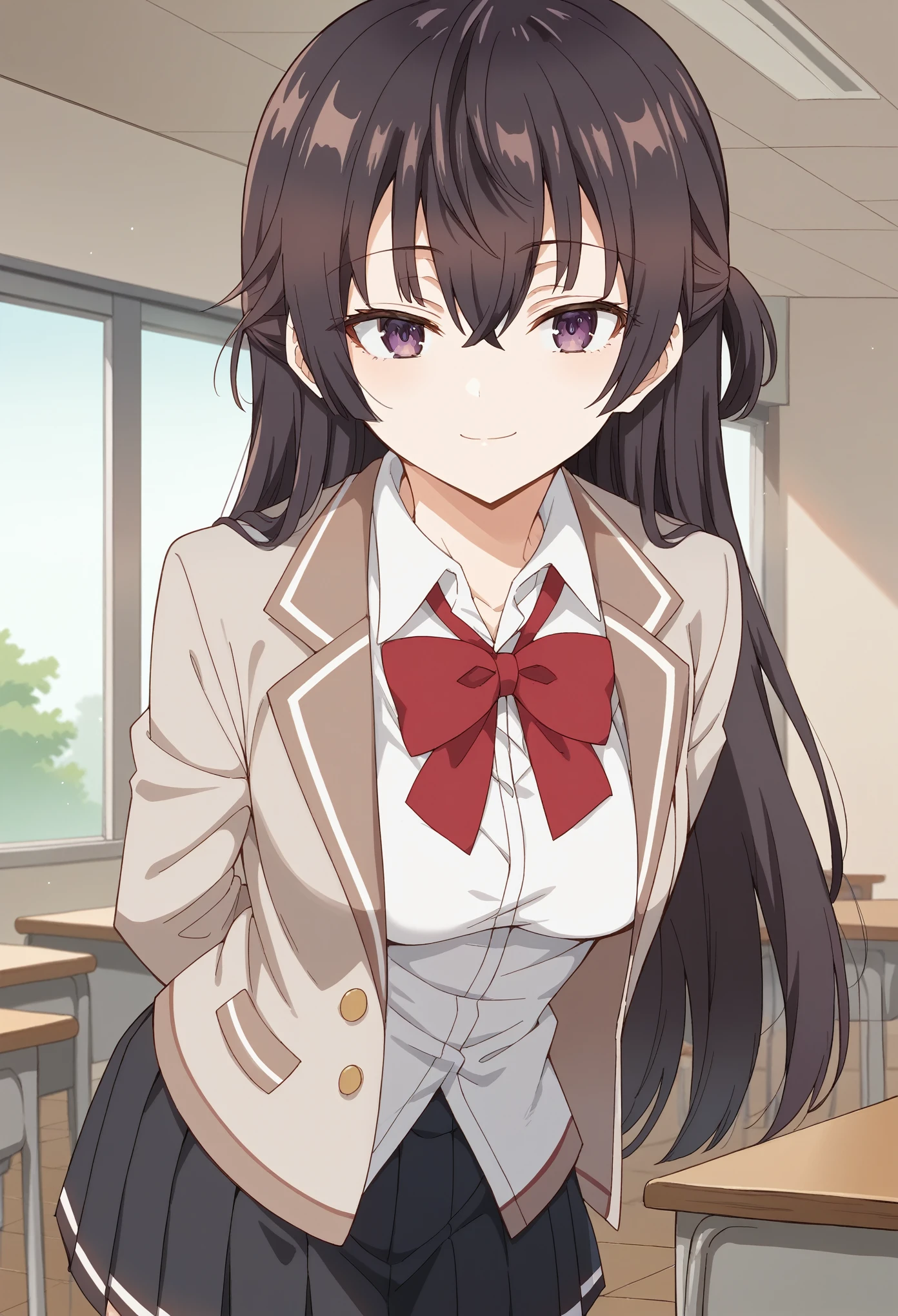 Score_9, Score_8_up, Score_7_up, ASCII masterpiece, source_anime, BREAK, 1girl, solo,
yukisuou, yukisuou, long hair, bangs, brown hair, black hair, hair between the eyes, purple eyes, half up, , shirt, bow, school uniform , jacket, white shirt, collared shirt, bow tie, red bow, blazer, red bow tie, black skirt, pleated skirt, indoors, standing, seductive smile, leaning forward, hands behind the back, head tilted ,
classroom
(Beautiful, medium breasts: 1.2), natural breasts,