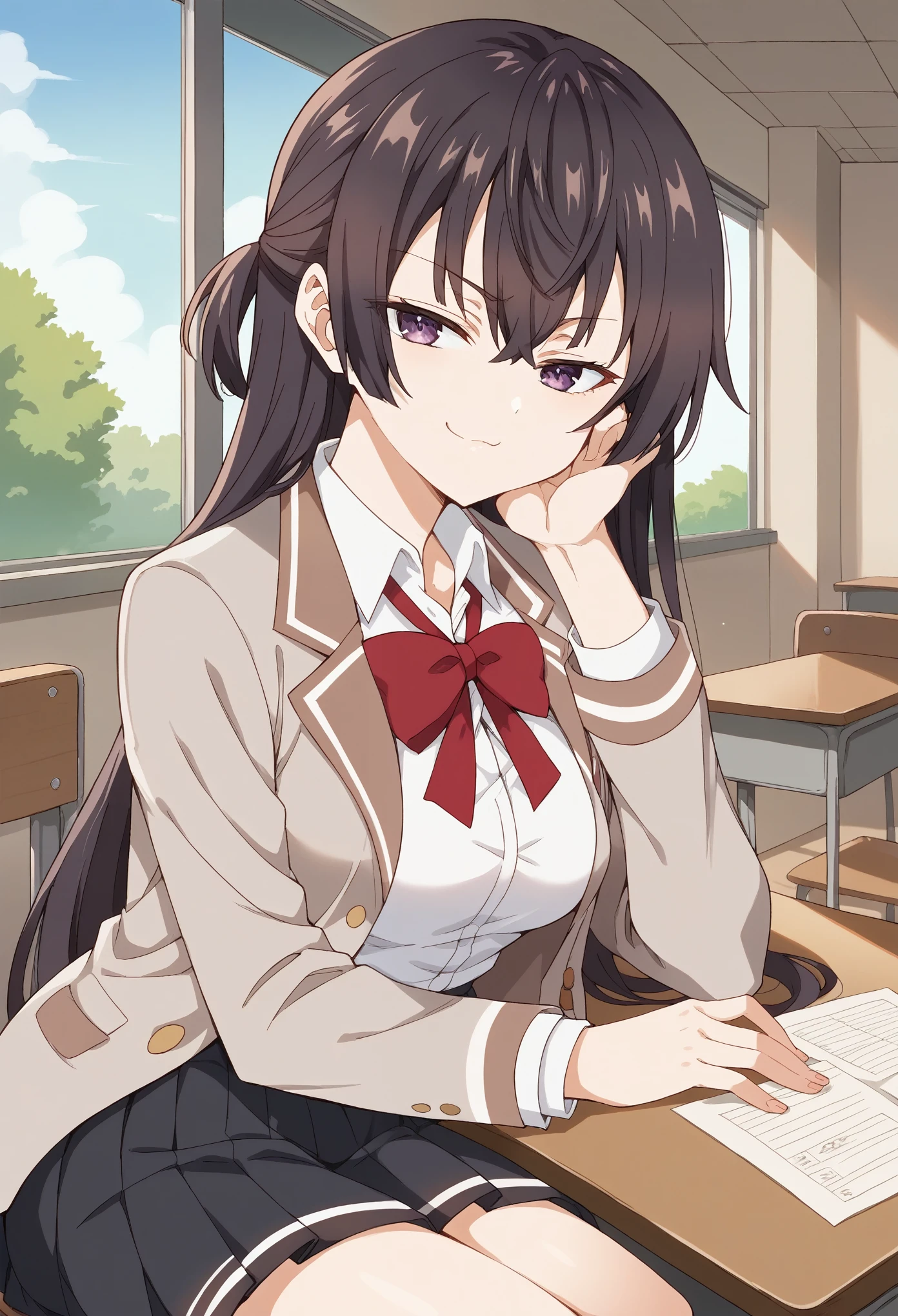 Score_9, Score_8_up, Score_7_up, ASCII masterpiece, source_anime, BREAK, 1girl, solo,
yukisuou, yukisuou, long hair, bangs, brown hair, black hair, hair between the eyes, purple eyes, half up, , shirt, bow, school uniform , jacket, white shirt, collared shirt, bow tie, red bow, blazer, red bow tie, black skirt, pleated skirt, indoors, sitting, at the desk, headrest, smug, head tilt, point of view on the table,
The school, the classroom, the window, the sun, the tree,
(Beautiful, medium breasts: 1.2), natural breasts,
