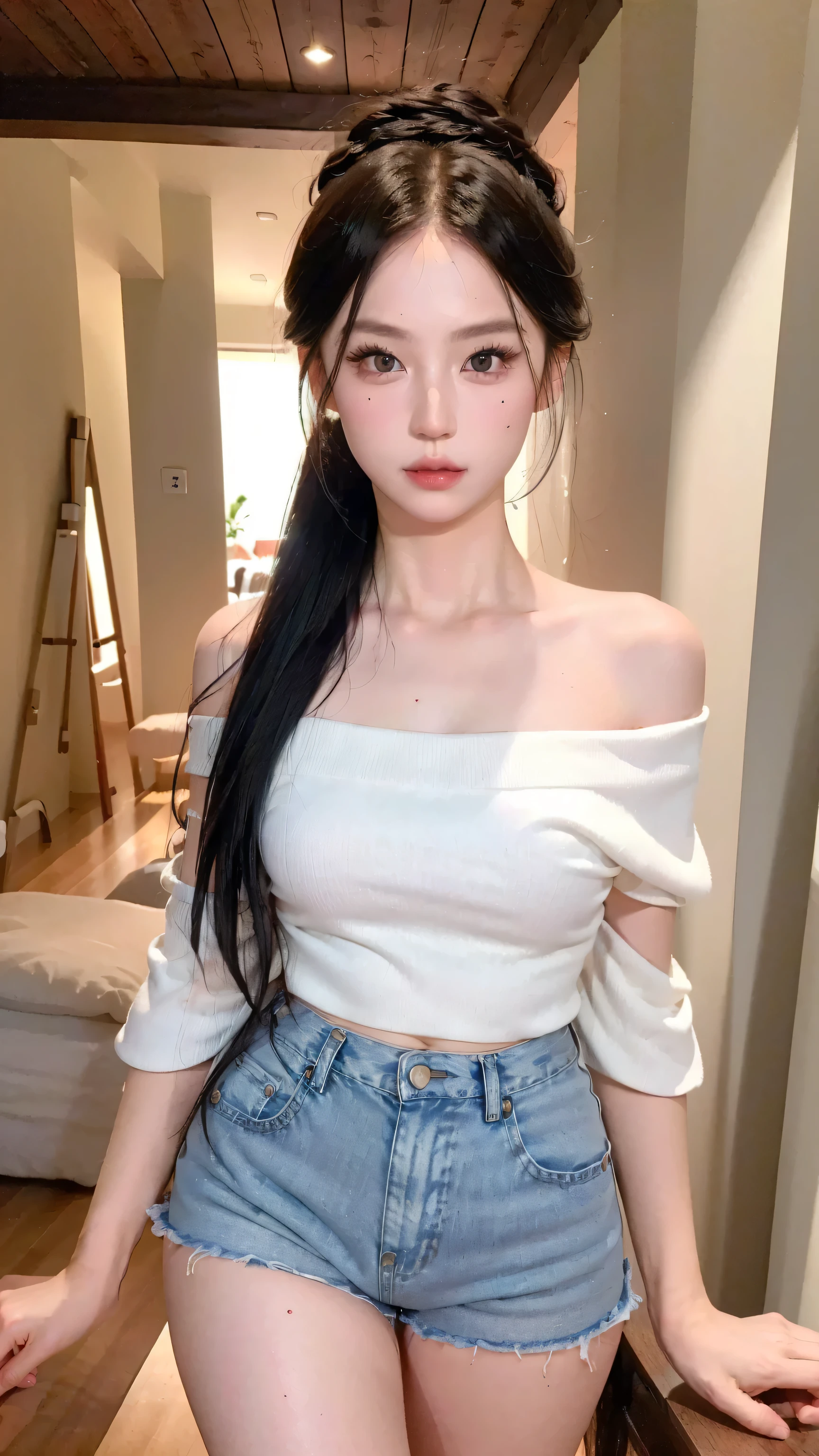 ((RAW photograph, Realistic photo, Best quality, 8K, Masterpiece: 1.3)), (raw photo:1.2), Hyperrealist portrait gorgeous Beautiful Chinese girl, young girl, 20 years old, pretty slender body, (beautiful breast: 1.2), very detailed eyes and face, (lustfully naughty face, crimson red lip, heavy makeup: 1.3, blushing), beautiful detailed eyes, seductive sharp eyes, (charming smile: 1.2), smooth white skin, photo realistic, very detailed faces, ((modern white off shoulder top, black denim shorts)), (long legs: 1.2, beautiful long nails), chignon hairstyle, ((standing poses)), (home living room background)