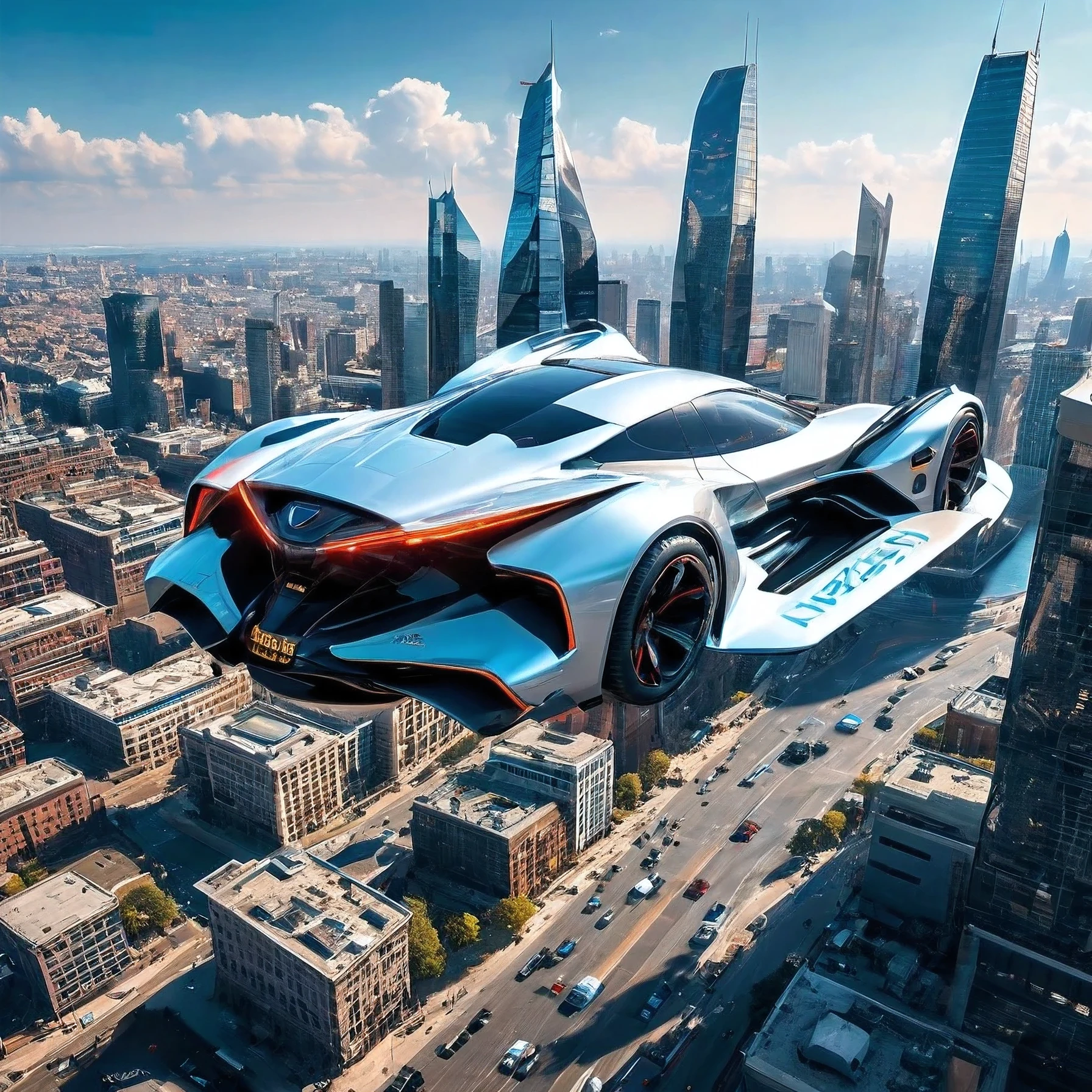 futuristic flying car. The final vehicle hovers slightly above the ground, blending car and aircraft elements, set against a backdrop of a futuristic city skyline. The text 'From wheels to wings...' appears, highlighting the evolution of automotive technology.