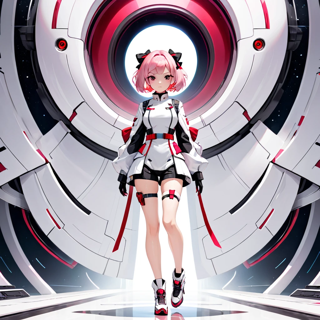 military outfit, white and red color scheme, futuristicdetails short pink hair with hair bow, full body , looking the viewer