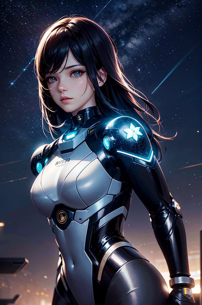 mechanical girl, The stars,The best quality at the best.,4k,8k,A high resolution,masterpiece:1.2,Ultra-detailed,actual,being realistic:1.37,3Drenderingof,bright color,sharp focus,cyber punk character,Detailed facial features,body modification,Shiny metallic skin,deep dark background,starry sky,Neon light,mechanical limb,The future of dystopia,A technological marvel,futuristic suit,Strong and confident expression,Utopian metropolis,night scene,beautiful bright eyes,Long and loose hair,subtle bokeh effect,industrial machinery,HDR lighting,hard texture,SciFi Aesthetics