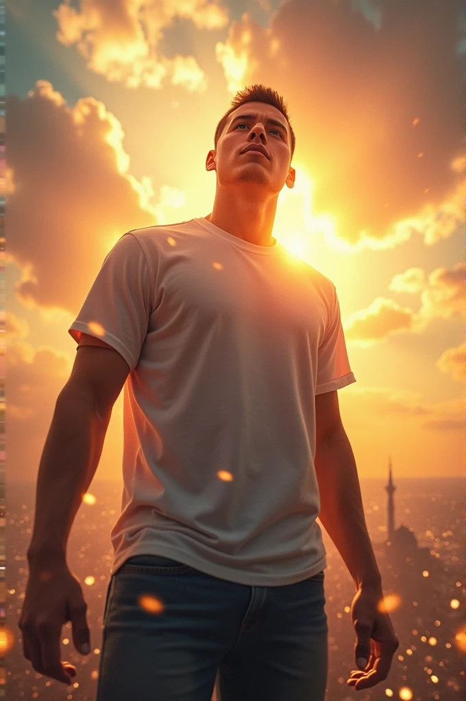 Orange-yellow background with clouds without sun, Black silhouette of a man sitting with his hands together in prayer position.