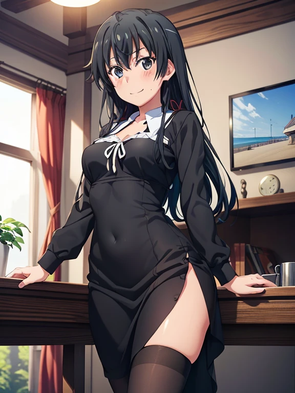 (1) A woman stands with her skirt rolled up, Exposed black lace panties.
(2) The outfit is a long-sleeved mini dress..
(3) her hair is long black.
(4) The facial expression is a bewitching and provocative smile; She is 29 years old and has a mature look..
(5) The location is the living room of the apartment at night..