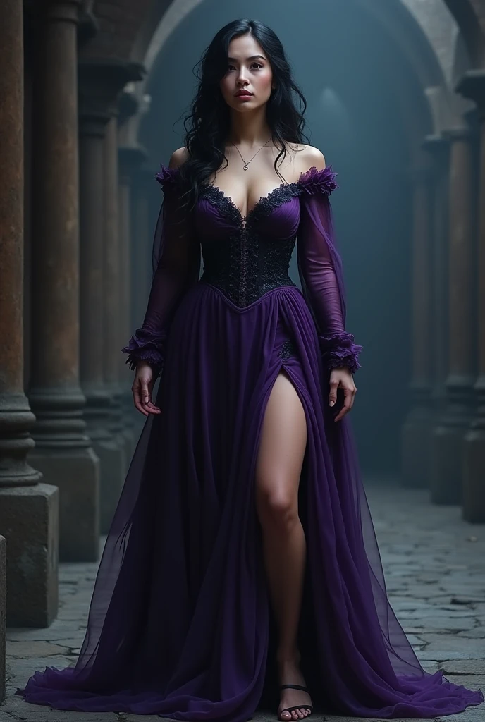 Title: "Under the Enchanted Moon: A Dark Romance"

[A captivating and alluring book cover image, showcasing a tantalizing dark romance story]

[A seductive man, dressed in a sleek and sophisticated black suit, exudes an air of mysterious charm and power, embodying the intriguing male lead]

[Beside him, a mesmerizing native woman with cascading purple-highlighted curls, captivates the viewer's attention, dressed like a sexy and enchanting witch, clad in gossamer fabric adorned with intricate symbols and patterns]

[As they stand close,